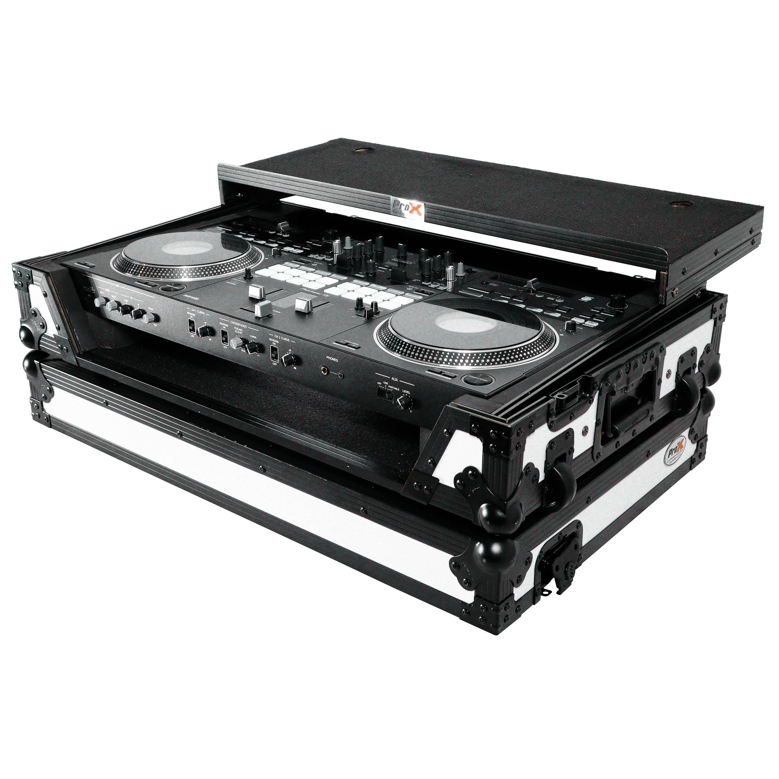 ATA Flight Case for Pioneer DDJ-REV7 DJ Controller with Laptop Shelf 1U Rack Space and Wheels - White Black