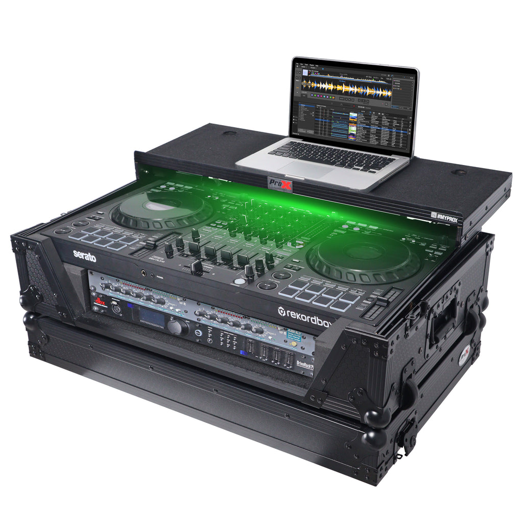 Flight Style Road Case For Pioneer DDJ-FLX10 or DDJ-GRV6 DJ Controller with Laptop Shelf 2U Rack Space Wheels - Black Finish