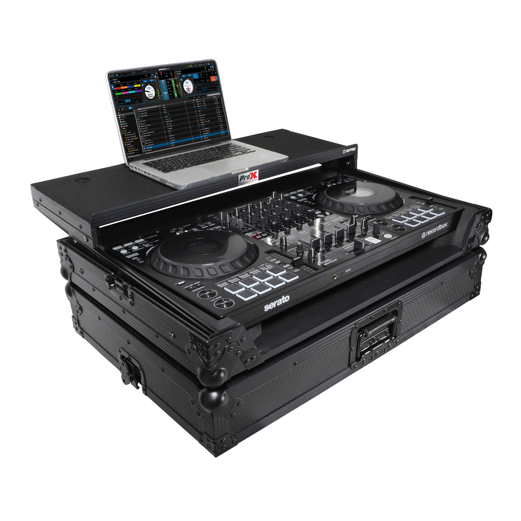 Pioneer DDJ-FLX10 or DDJ-GRV6 with Sliding Laptop Shelf ATA Flight Style Road Case Black Finish Slim Case