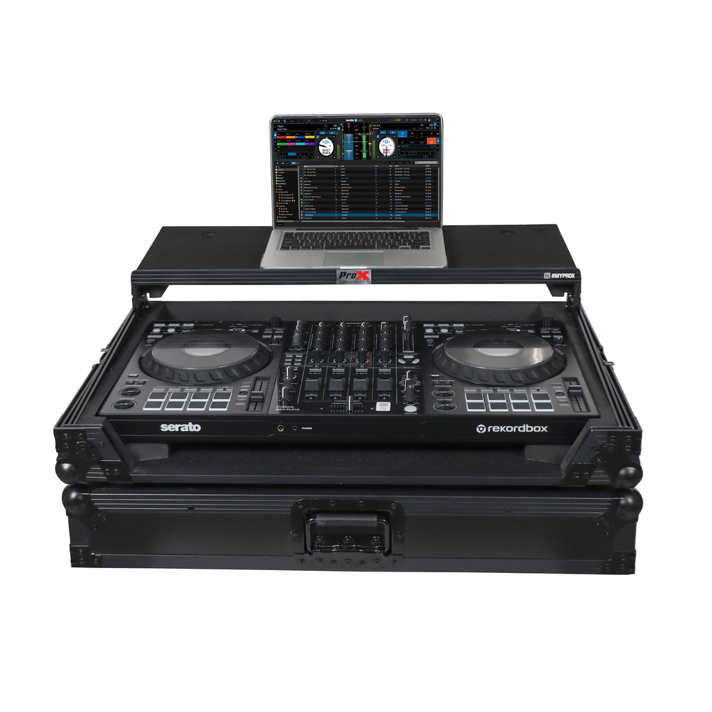 Pioneer DDJ-FLX10 or DDJ-GRV6 with Sliding Laptop Shelf ATA Flight Style Road Case Black Finish Slim Case