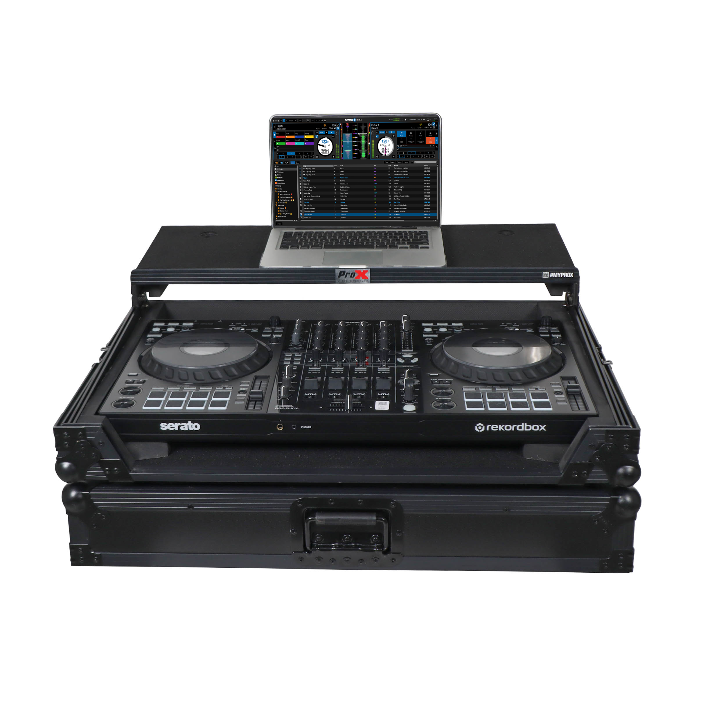 Pioneer DDJ-FLX10 or DDJ-GRV6 with Sliding Laptop Shelf ATA Flight Style Road Case Black Finish Slim Case