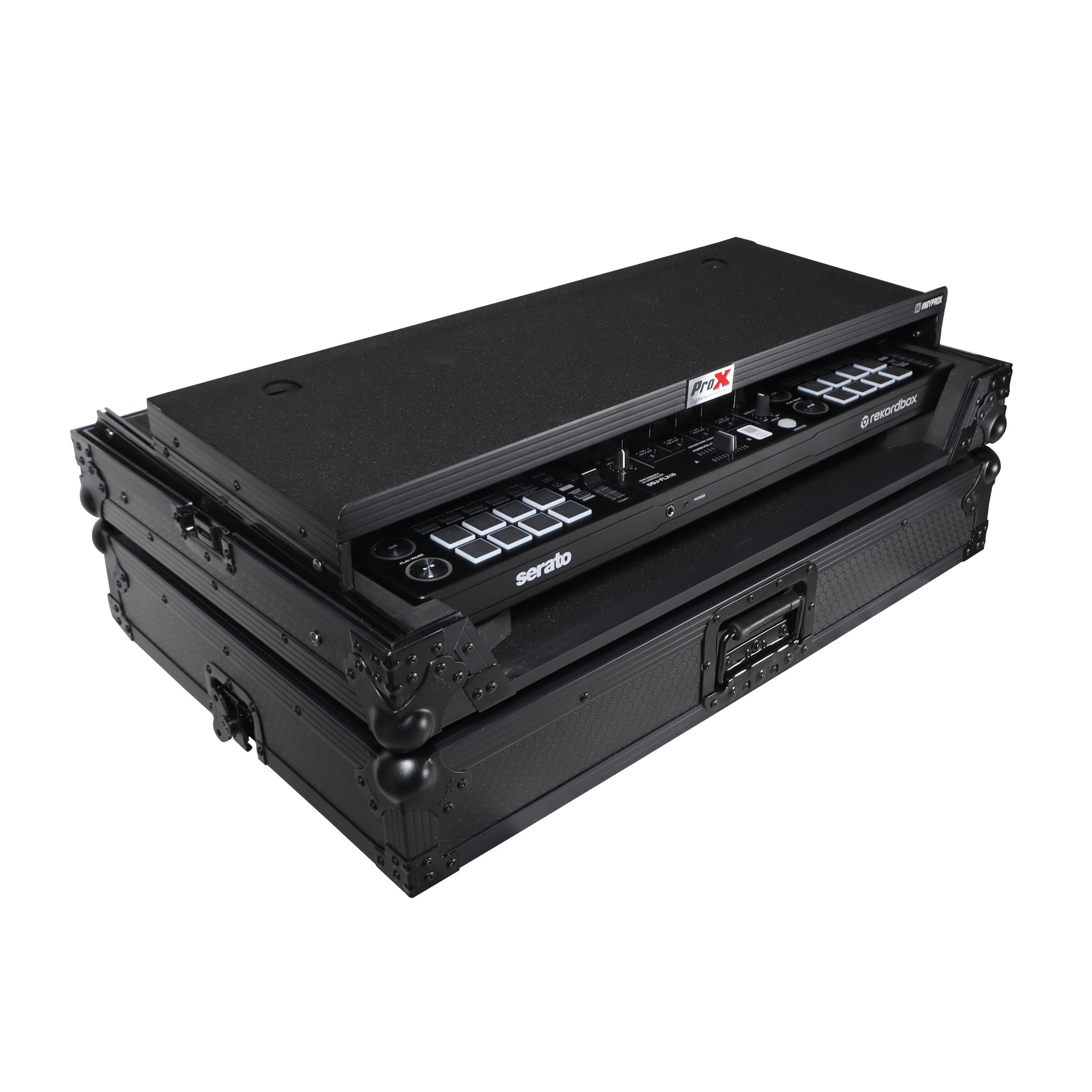 Pioneer DDJ-FLX10 or DDJ-GRV6 with Sliding Laptop Shelf ATA Flight Style Road Case Black Finish Slim Case