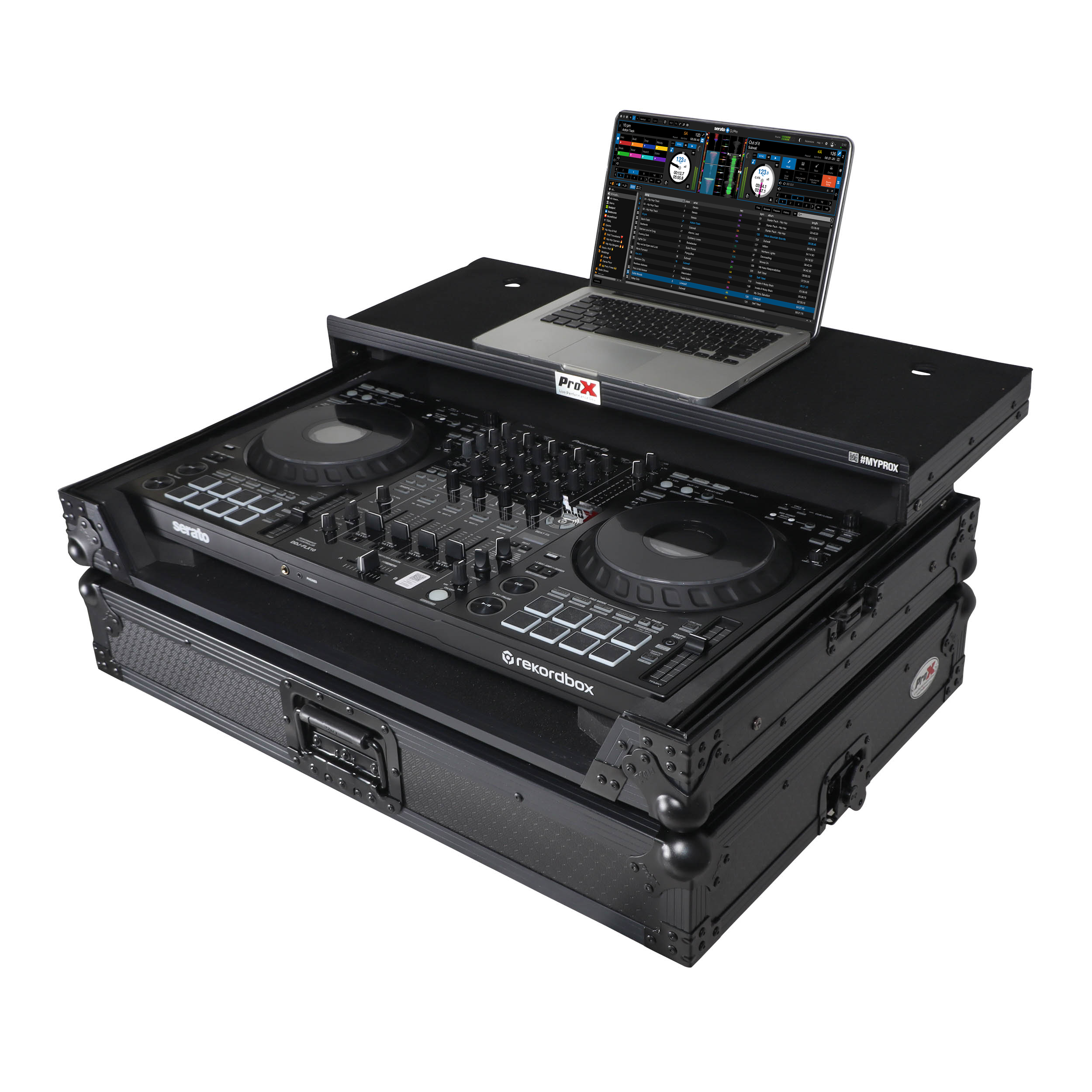 Pioneer DDJ-FLX10 or DDJ-GRV6 with Sliding Laptop Shelf ATA Flight Style Road Case Black Finish Slim Case