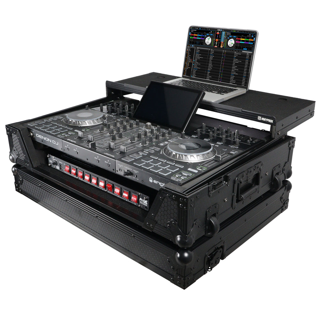 ATA Flight Case For Denon PRIME 4 MK2 DJ Controller with Laptop Shelf 1U Rack Space and Wheels - Black