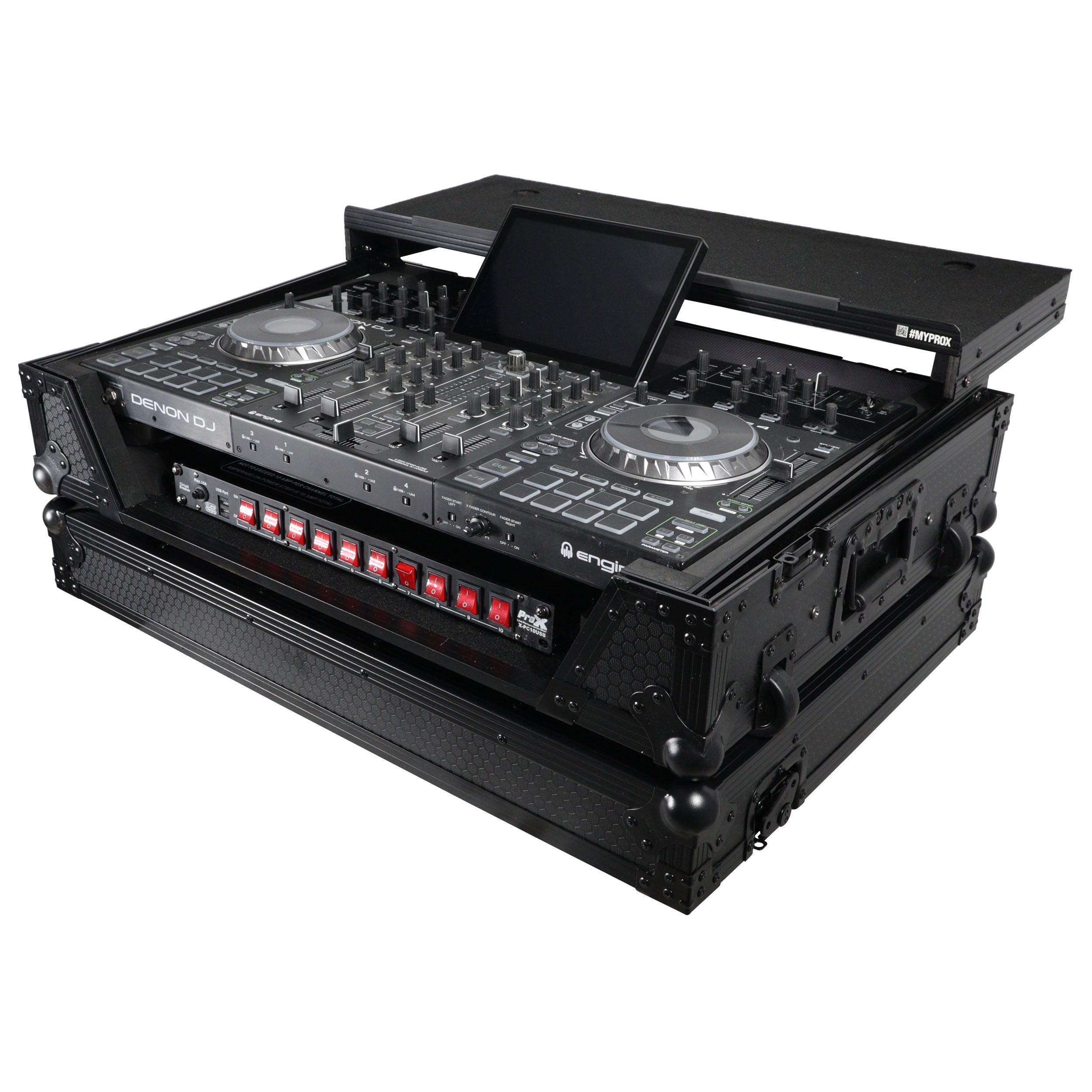 ATA Flight Case For Denon PRIME 4 MK2 DJ Controller with Laptop Shelf 1U Rack Space and Wheels - Black