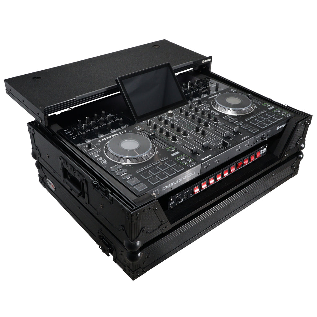 ATA Flight Case For Denon PRIME 4 MK2 DJ Controller with Laptop Shelf 1U Rack Space and Wheels - Black