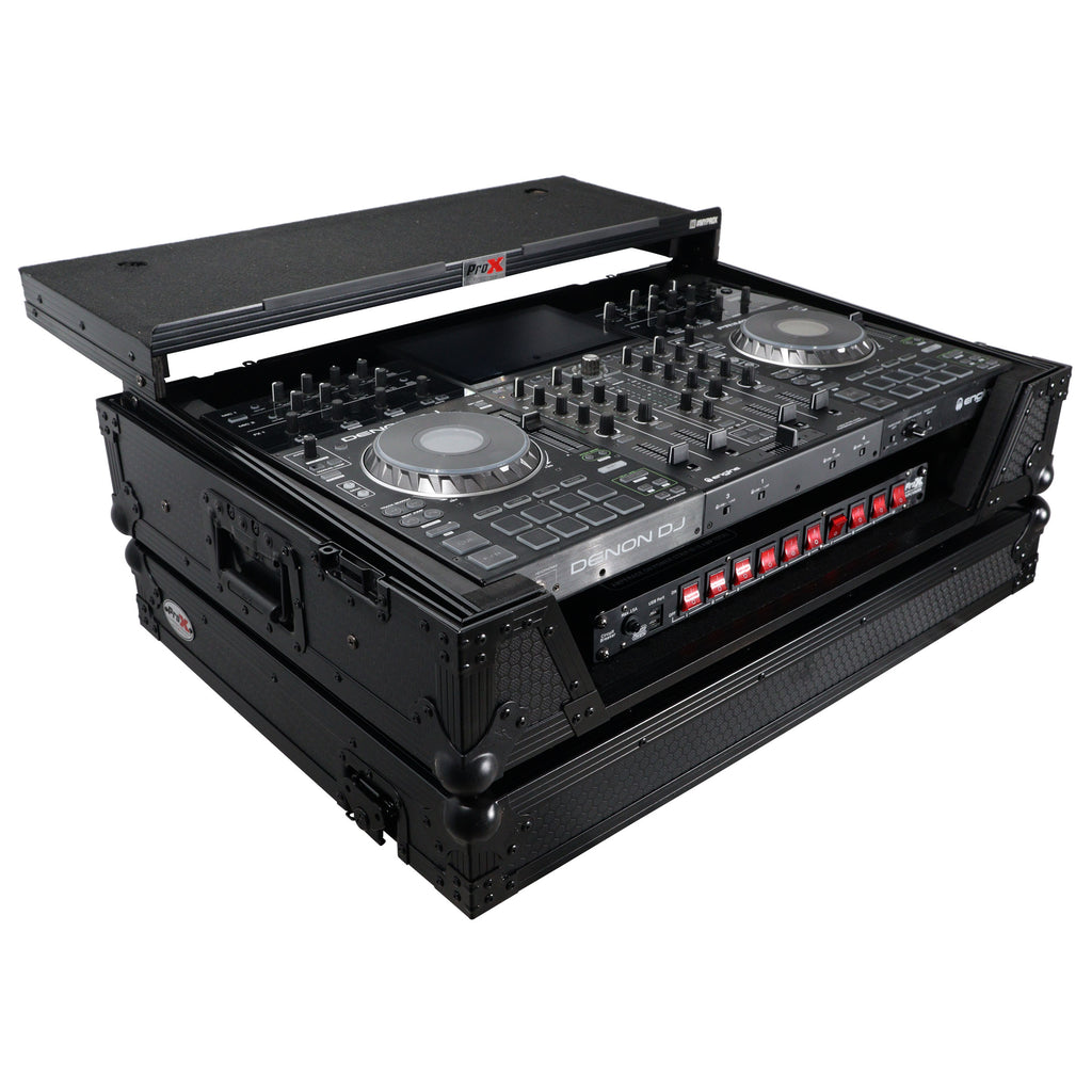 ATA Flight Case For Denon PRIME 4 MK2 DJ Controller with Laptop Shelf 1U Rack Space and Wheels - Black