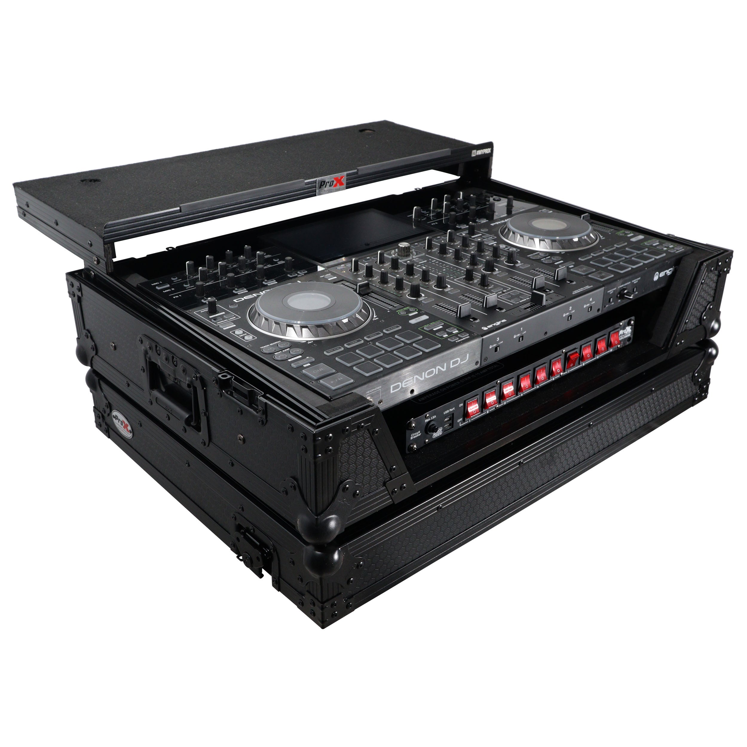 ATA Flight Case For Denon PRIME 4 MK2 DJ Controller with Laptop Shelf 1U Rack Space and Wheels - Black