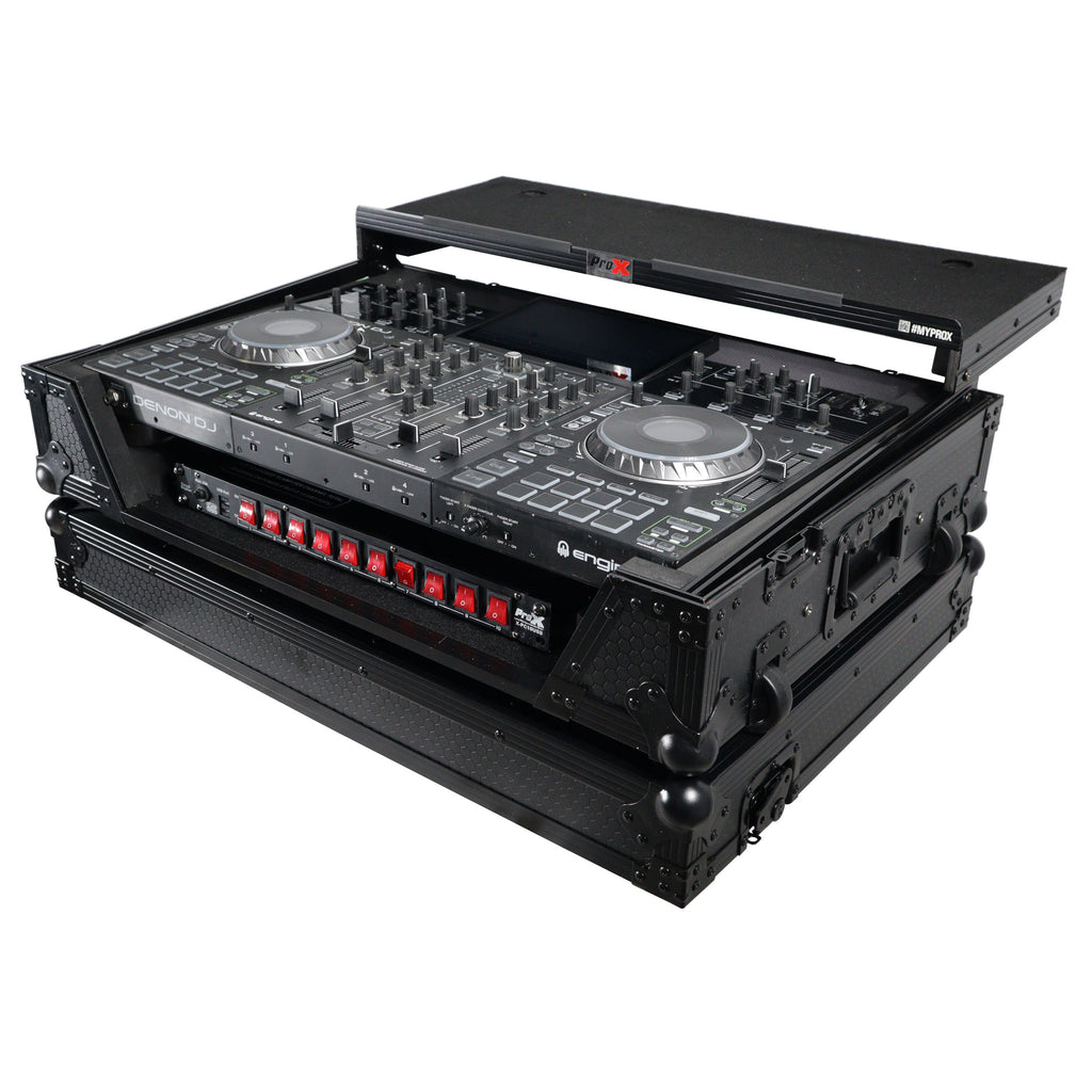 ATA Flight Case For Denon PRIME 4 MK2 DJ Controller with Laptop Shelf 1U Rack Space and Wheels - Black
