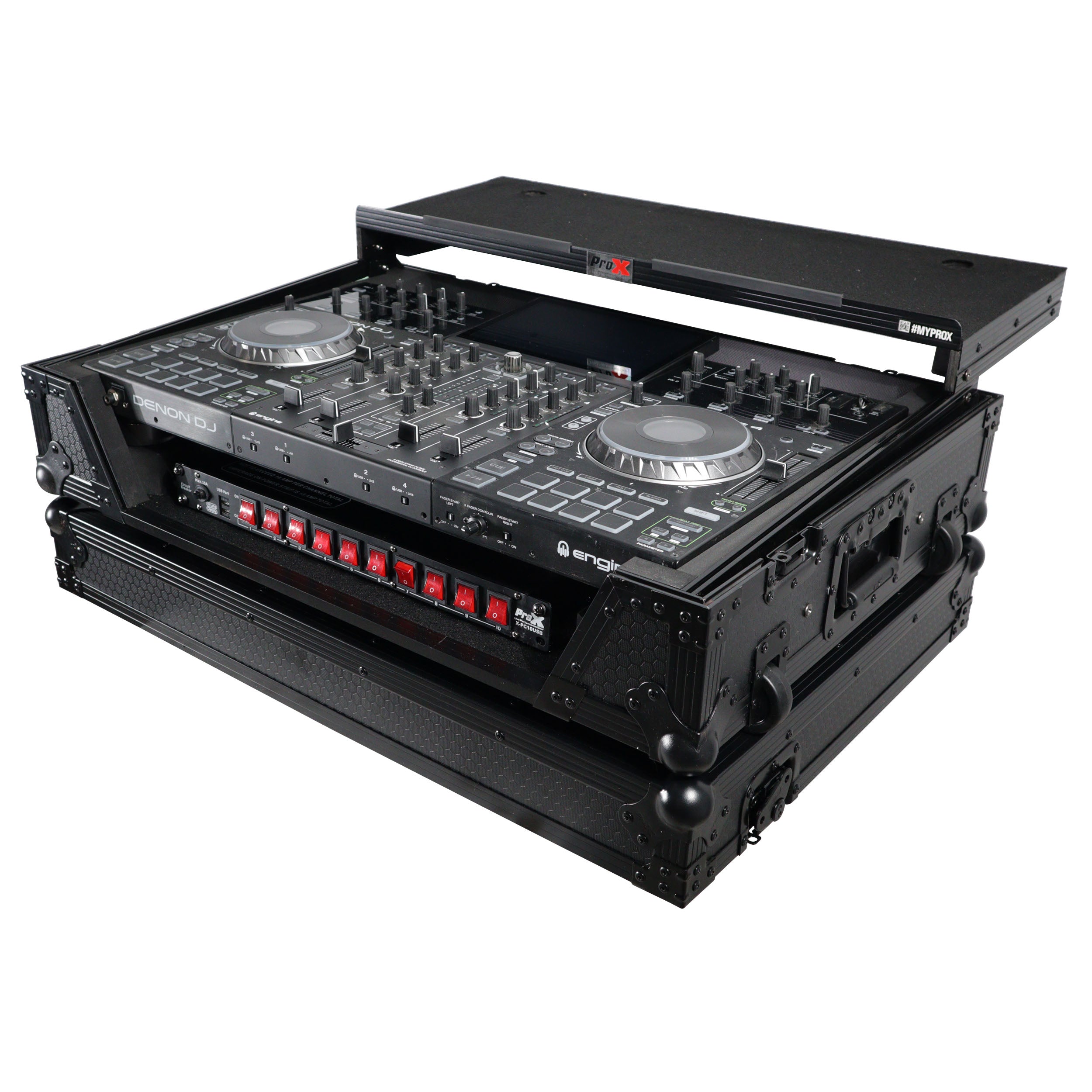ATA Flight Case For Denon PRIME 4 MK2 DJ Controller with Laptop Shelf 1U Rack Space and Wheels - Black