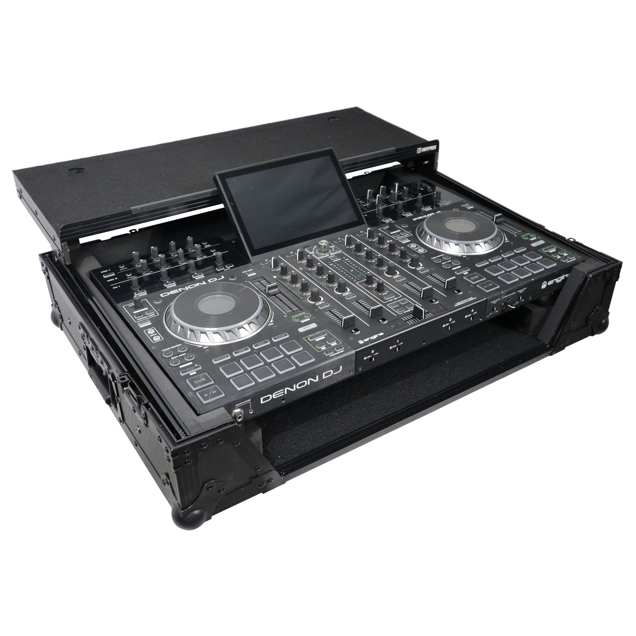ATA Flight Case For Denon PRIME 4 MK2 DJ Controller with Laptop Shelf 1U Rack Space and Wheels - Black