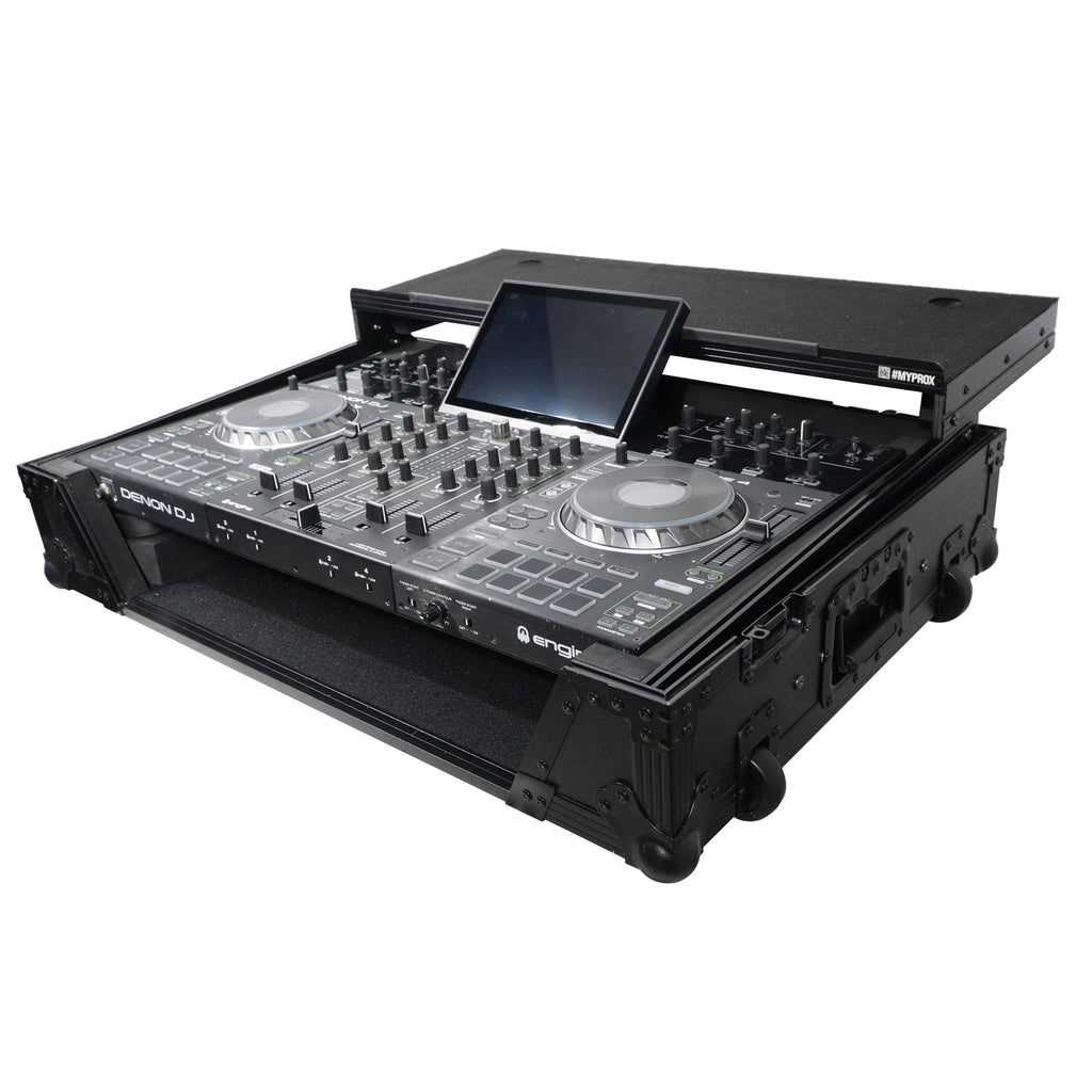 ATA Flight Case For Denon PRIME 4 MK2 DJ Controller with Laptop Shelf 1U Rack Space and Wheels - Black