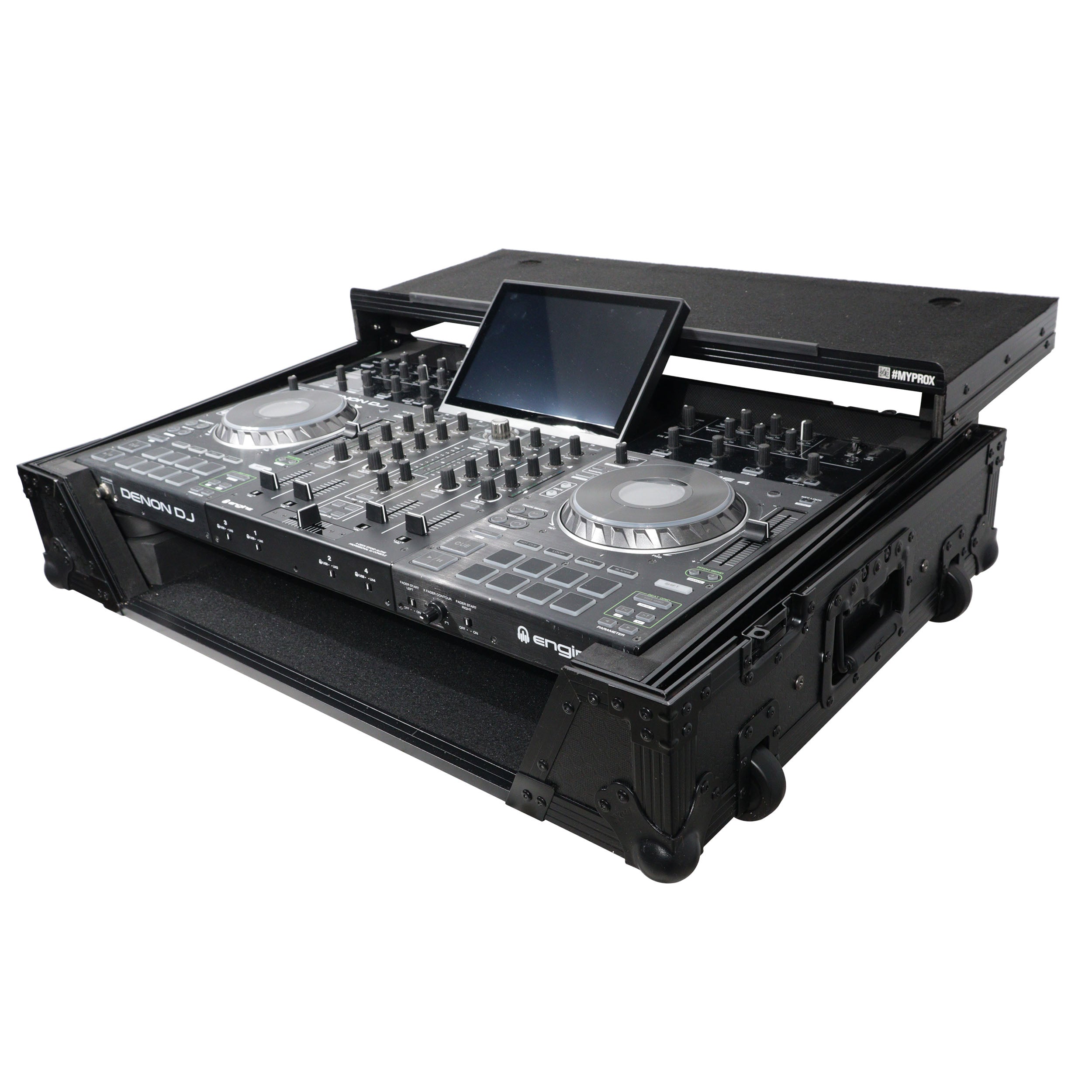 ATA Flight Case For Denon PRIME 4 MK2 DJ Controller with Laptop Shelf 1U Rack Space and Wheels - Black