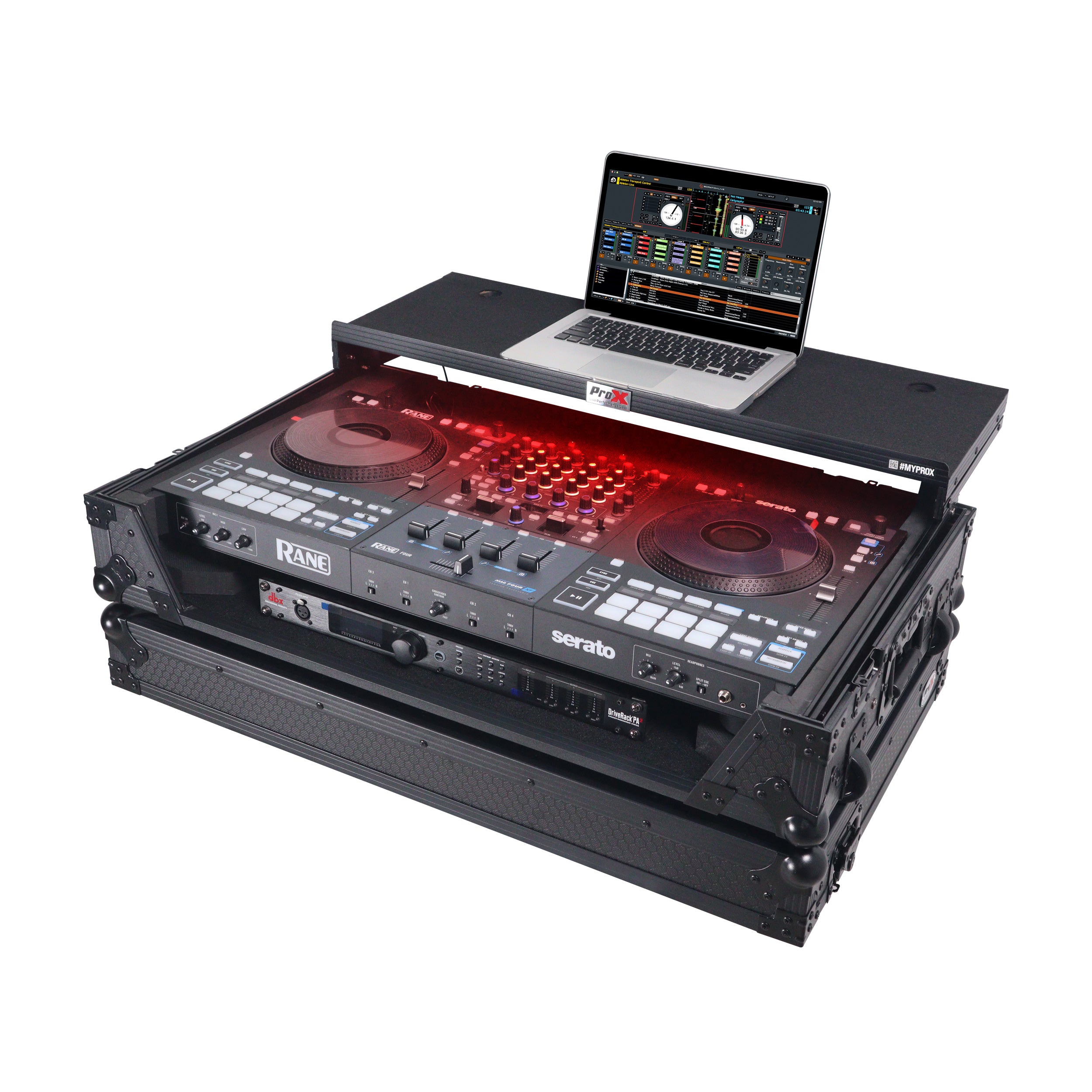 ATA Flight Style Road Case For RANE Four or RANE Performer DJ Controller with Laptop Shelf 1U Rack Space LED and Wheels  - Black