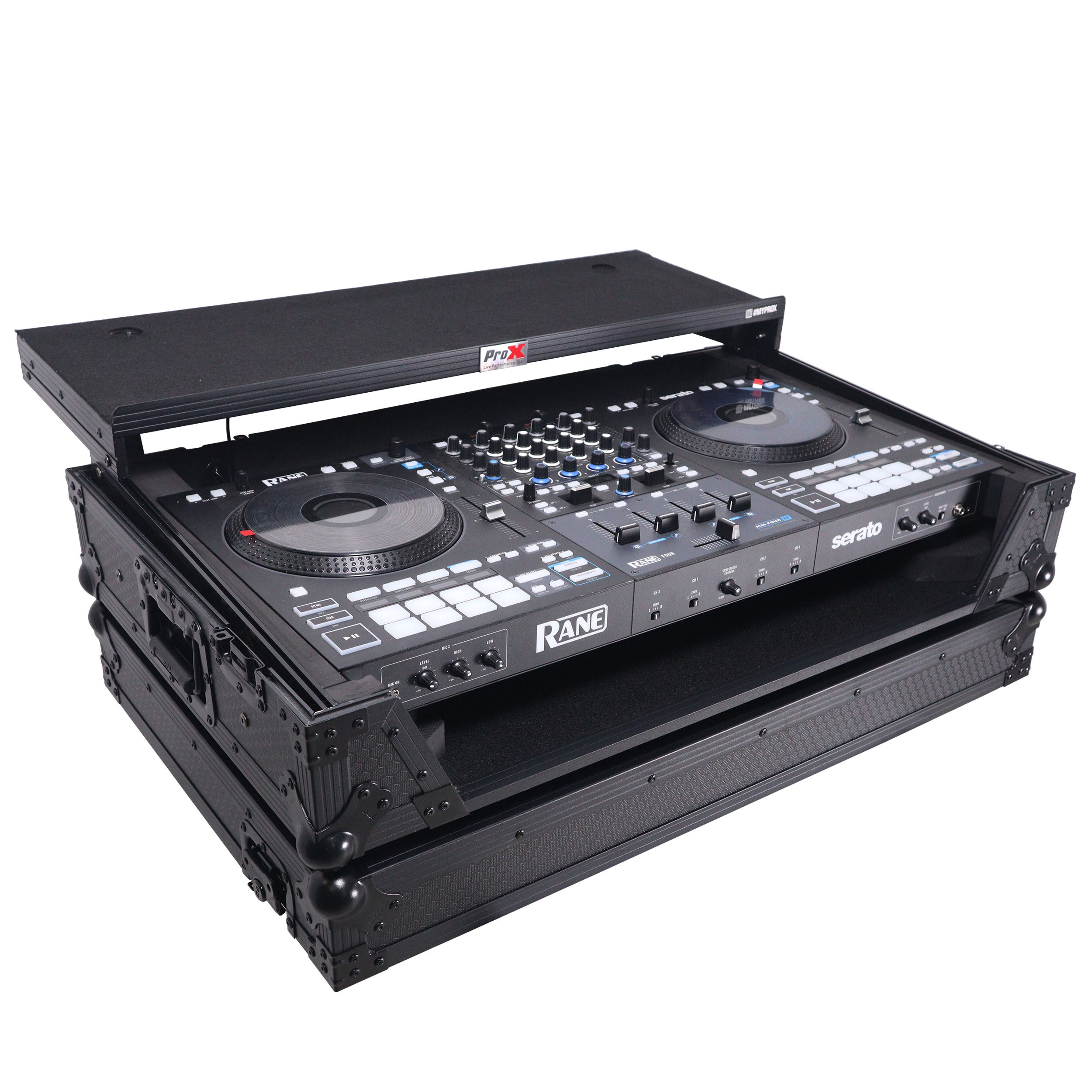 ATA Flight Style Road Case For RANE Four or RANE Performer DJ Controller with Laptop Shelf 1U Rack Space LED and Wheels  - Black