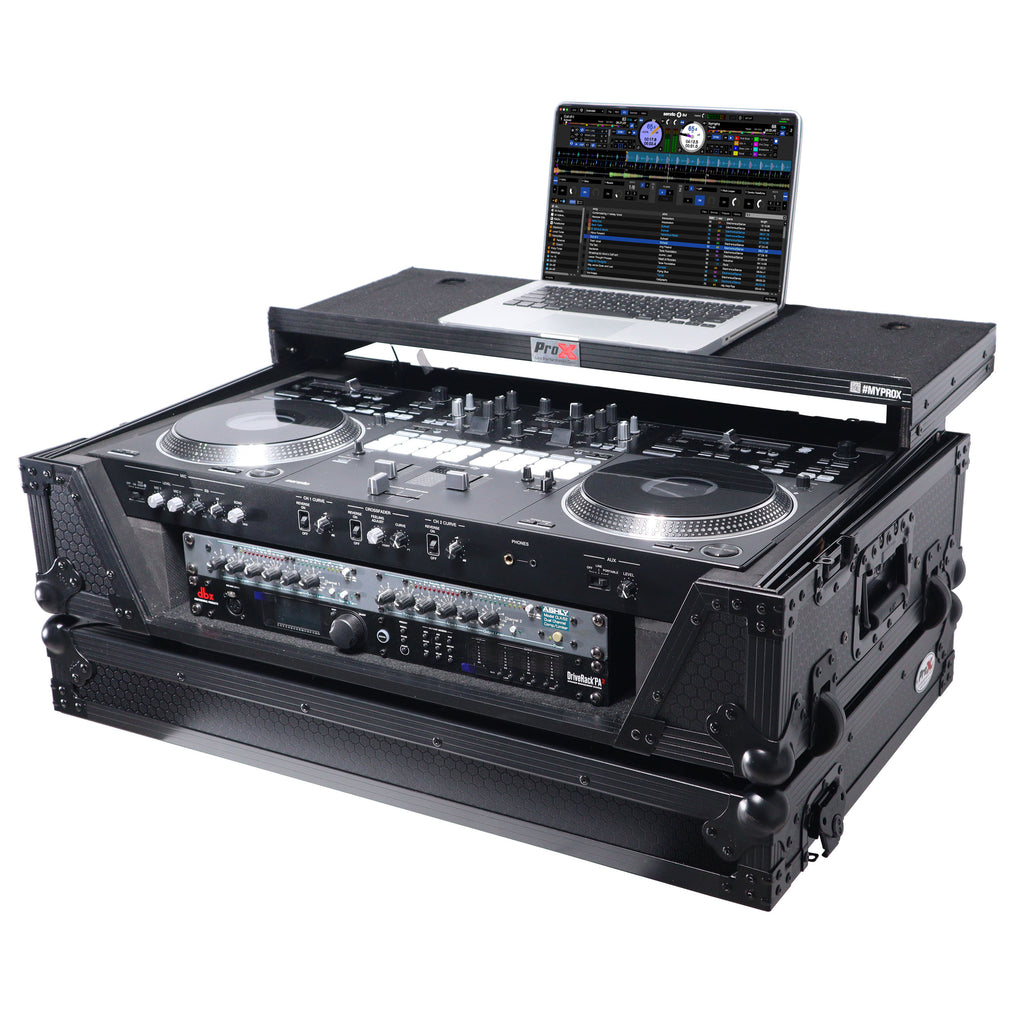 ATA Style Flight Case for Pioneer DDJ-REV7 DDJ-1000 SRT DJ Controller with 2U Rack Space Laptop Shelf Wheels LED Black Finish