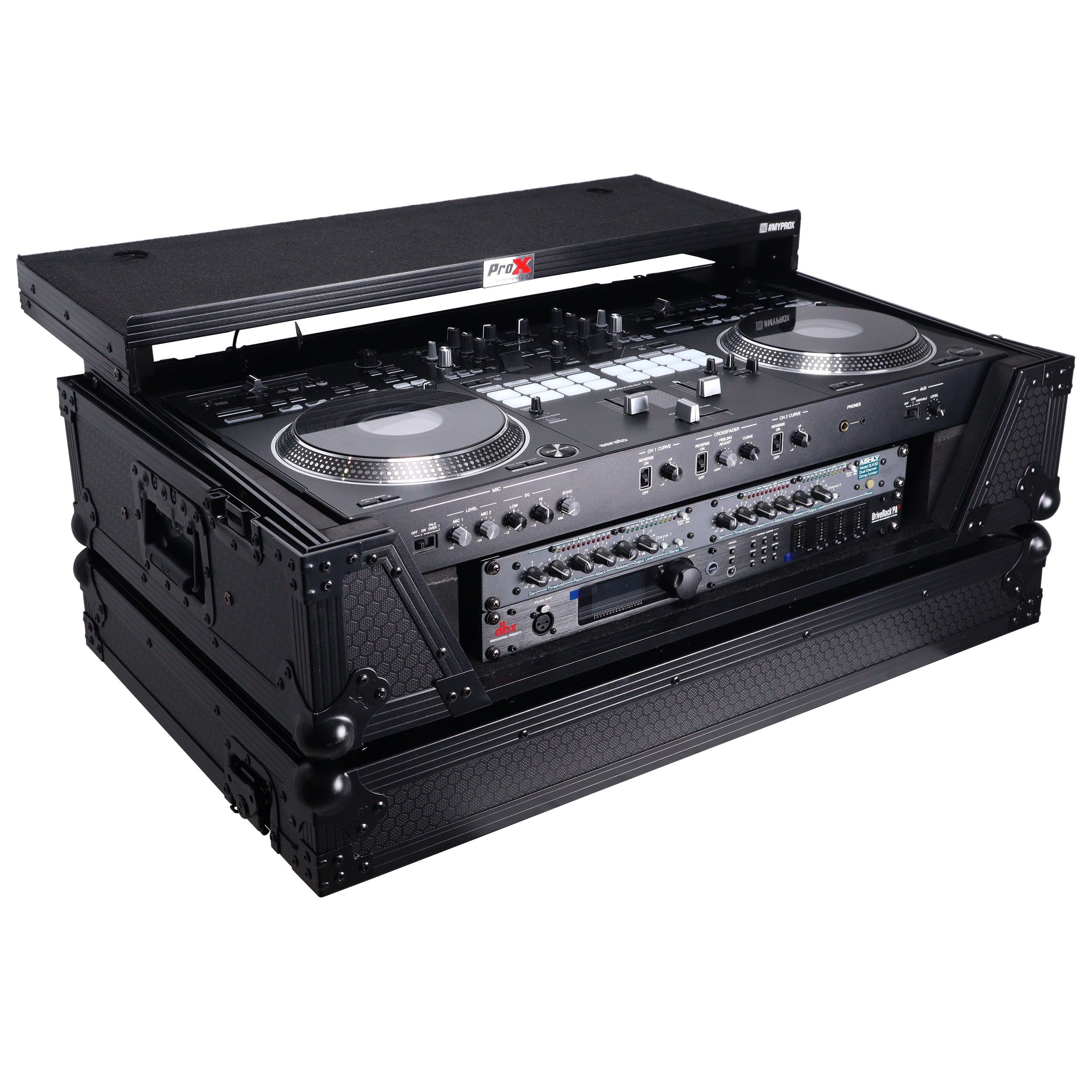 ATA Style Flight Case for Pioneer DDJ-REV7 DDJ-1000 SRT DJ Controller with 2U Rack Space Laptop Shelf Wheels LED Black Finish