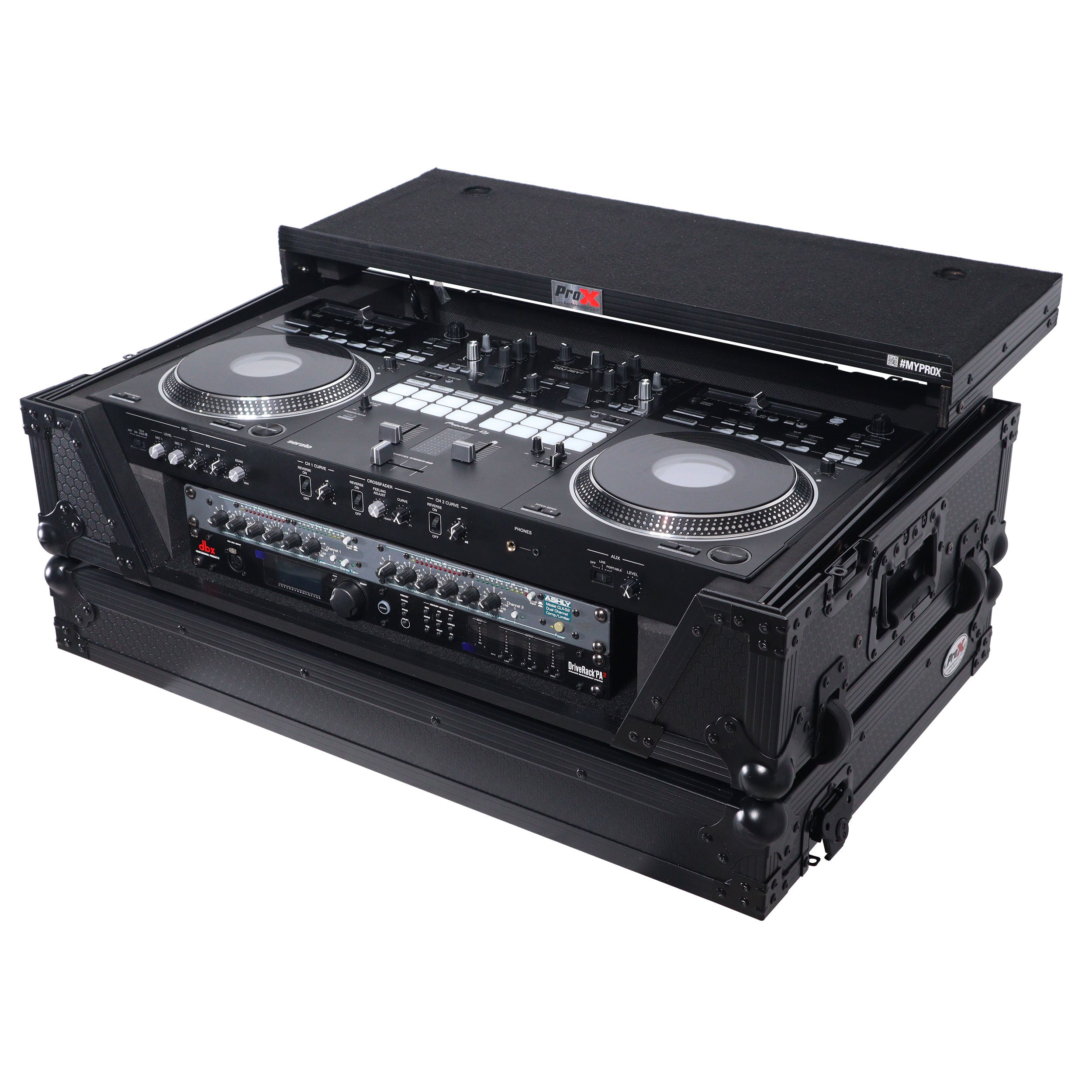 ATA Style Flight Case for Pioneer DDJ-REV7 DDJ-1000 SRT DJ Controller with 2U Rack Space Laptop Shelf Wheels LED Black Finish