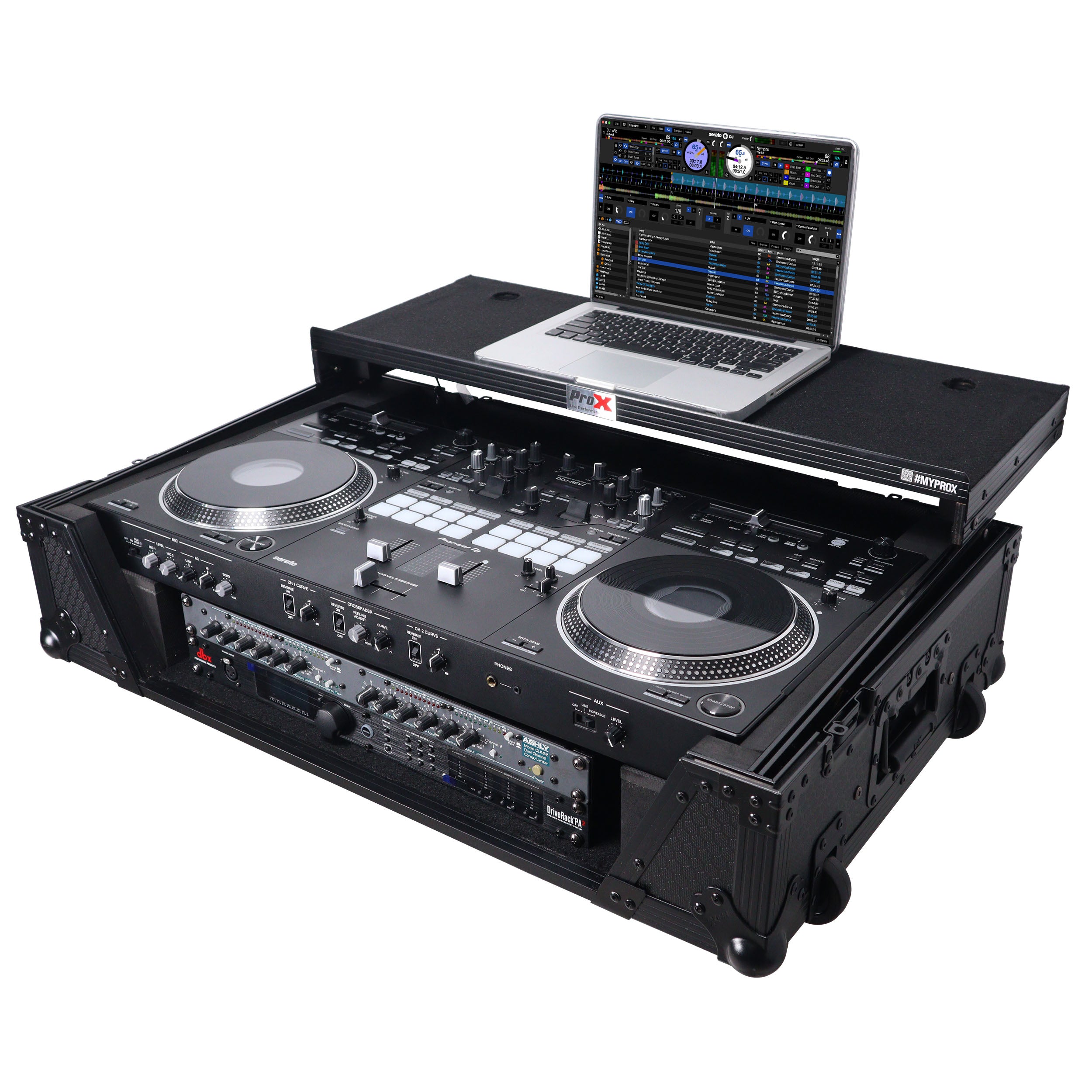 ATA Style Flight Case for Pioneer DDJ-REV7 DDJ-1000 SRT DJ Controller with 2U Rack Space Laptop Shelf Wheels LED Black Finish