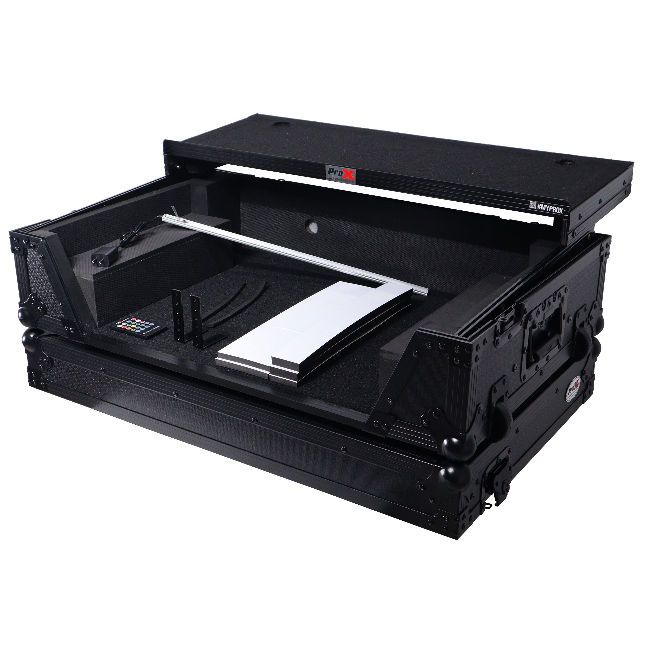 ATA Style Flight Case for Pioneer DDJ-REV7 DDJ-1000 SRT DJ Controller with 2U Rack Space Laptop Shelf Wheels LED Black Finish