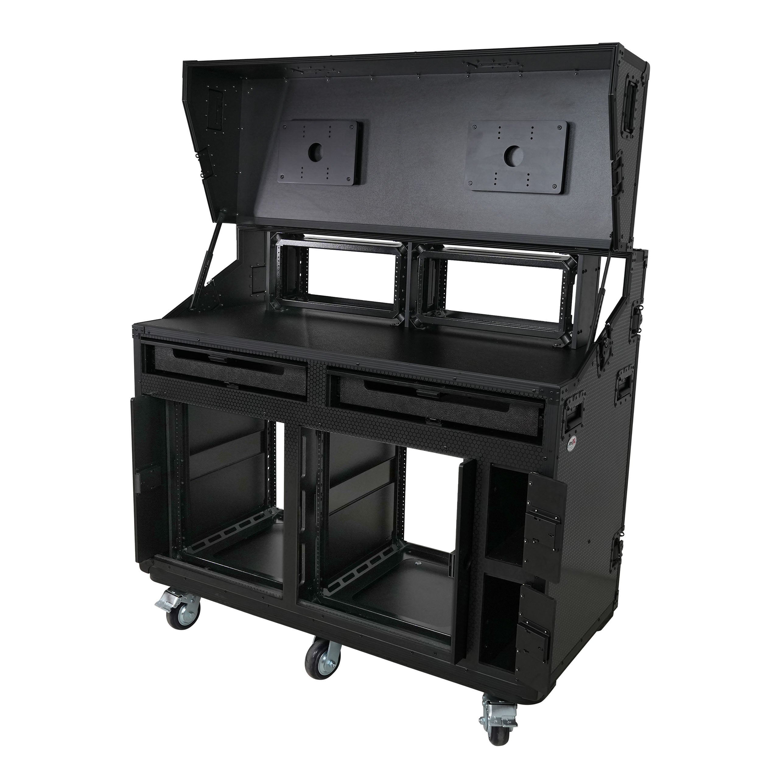 Prado Mobile AV Broadcasting Streaming Recording Studio Workstation Case with 2x 4U Top 2x 12U Bottom Front Slamr Door All Black