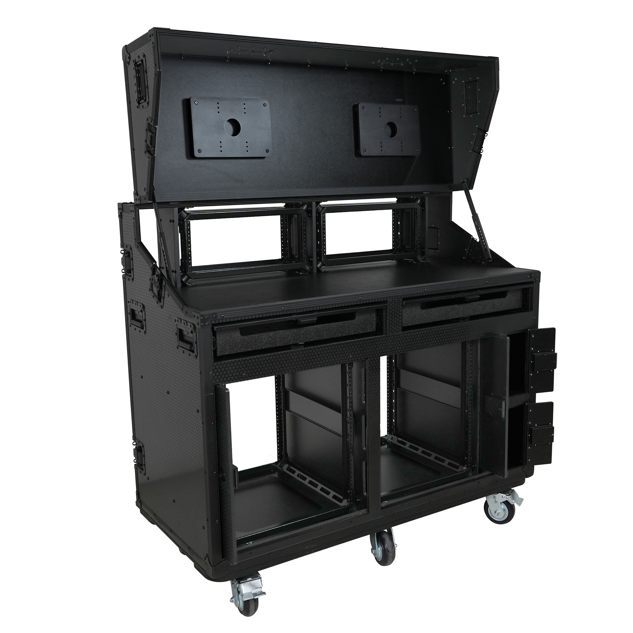 Prado Mobile AV Broadcasting Streaming Recording Studio Workstation Case with 2x 4U Top 2x 12U Bottom Front Slamr Door All Black