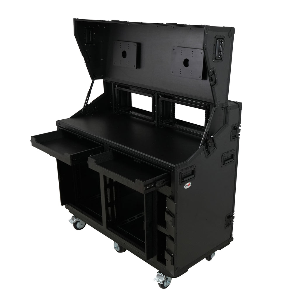 Prado Mobile AV Broadcasting Streaming Recording Studio Workstation Case with 2x 4U Top 2x 12U Bottom Front Slamr Door All Black