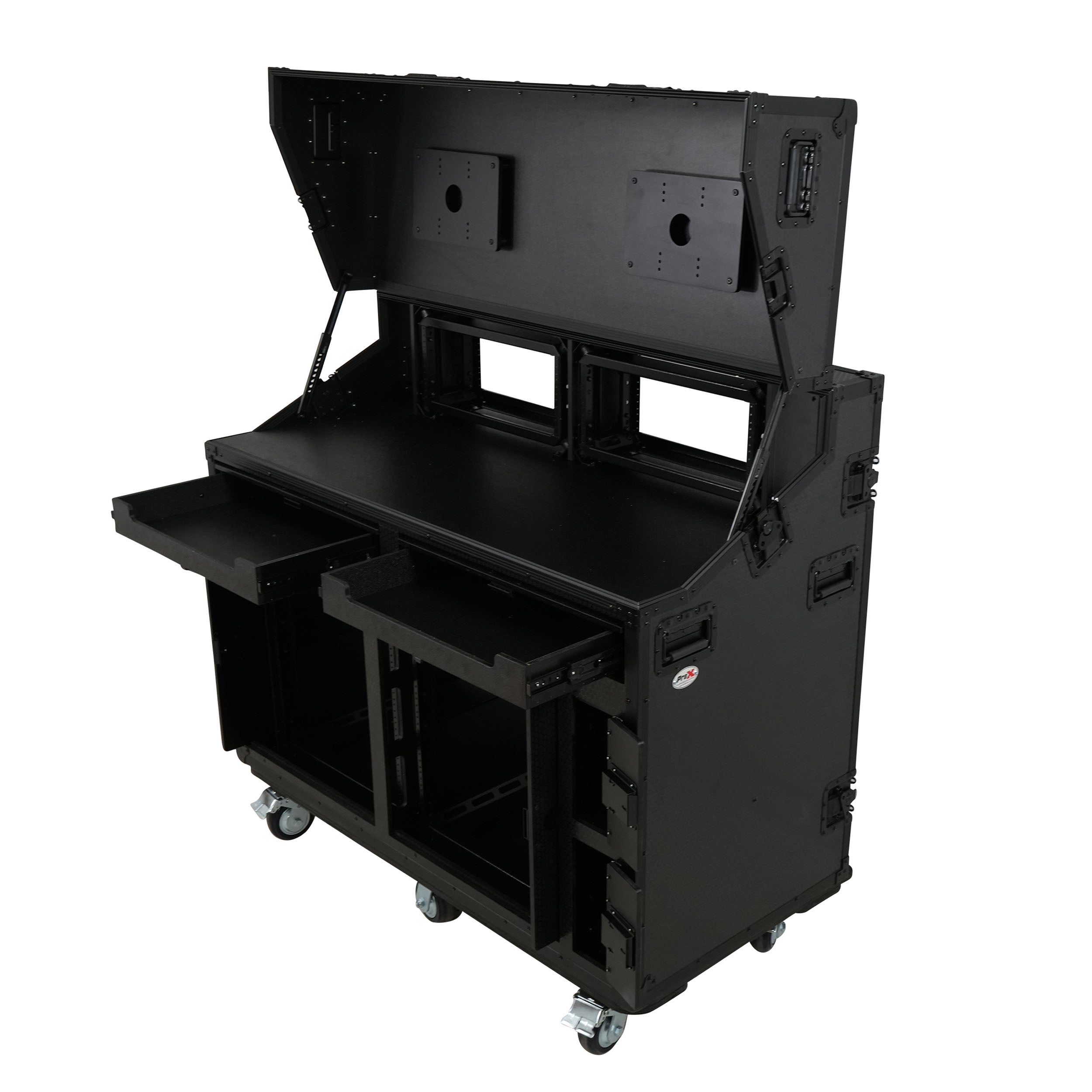Prado Mobile AV Broadcasting Streaming Recording Studio Workstation Case with 2x 4U Top 2x 12U Bottom Front Slamr Door All Black