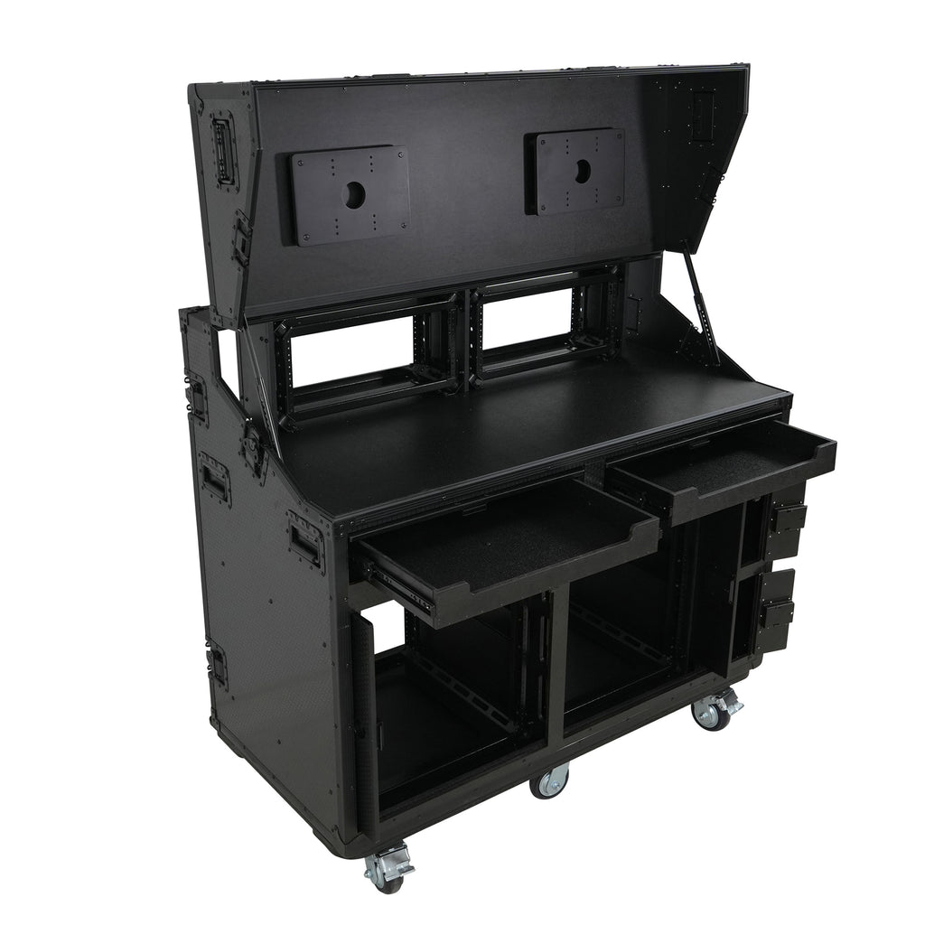 Prado Mobile AV Broadcasting Streaming Recording Studio Workstation Case with 2x 4U Top 2x 12U Bottom Front Slamr Door All Black