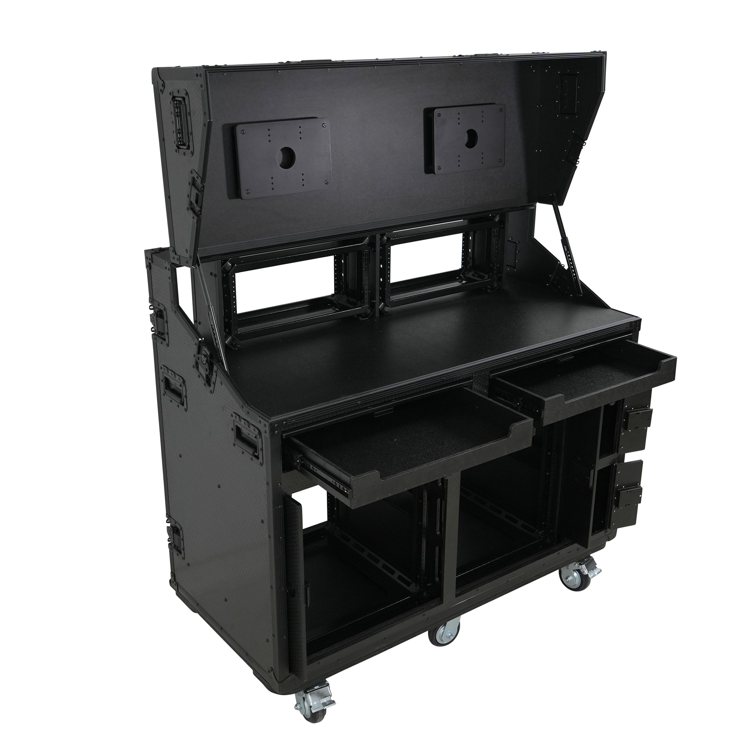 Prado Mobile AV Broadcasting Streaming Recording Studio Workstation Case with 2x 4U Top 2x 12U Bottom Front Slamr Door All Black