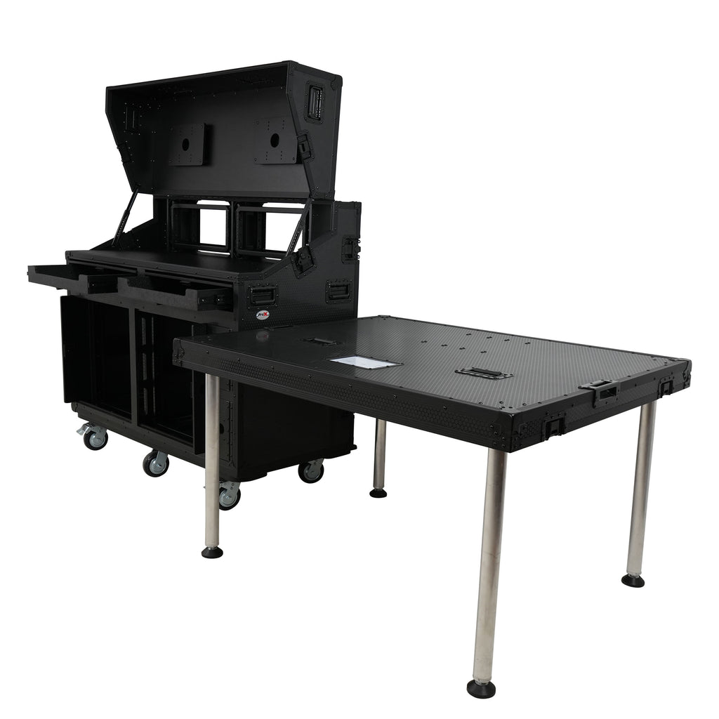 Prado Mobile AV Broadcasting Streaming Recording Studio Workstation Case with 2x 4U Top 2x 12U Bottom Front Slamr Door All Black