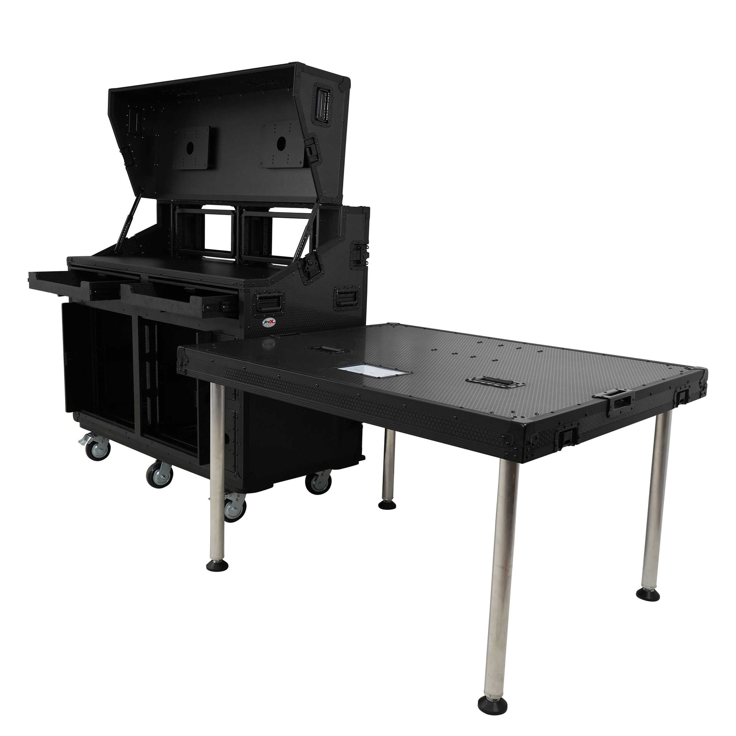 Prado Mobile AV Broadcasting Streaming Recording Studio Workstation Case with 2x 4U Top 2x 12U Bottom Front Slamr Door All Black