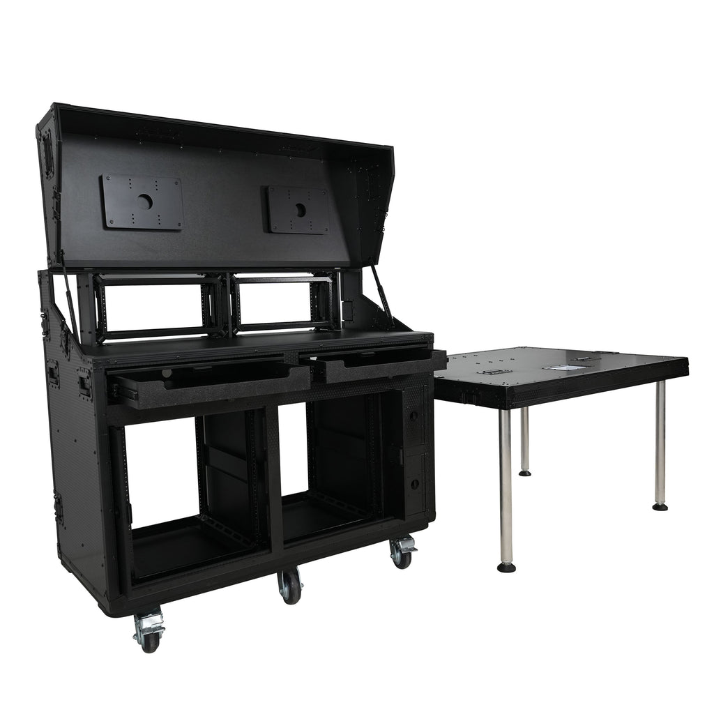 Prado Mobile AV Broadcasting Streaming Recording Studio Workstation Case with 2x 4U Top 2x 12U Bottom Front Slamr Door All Black