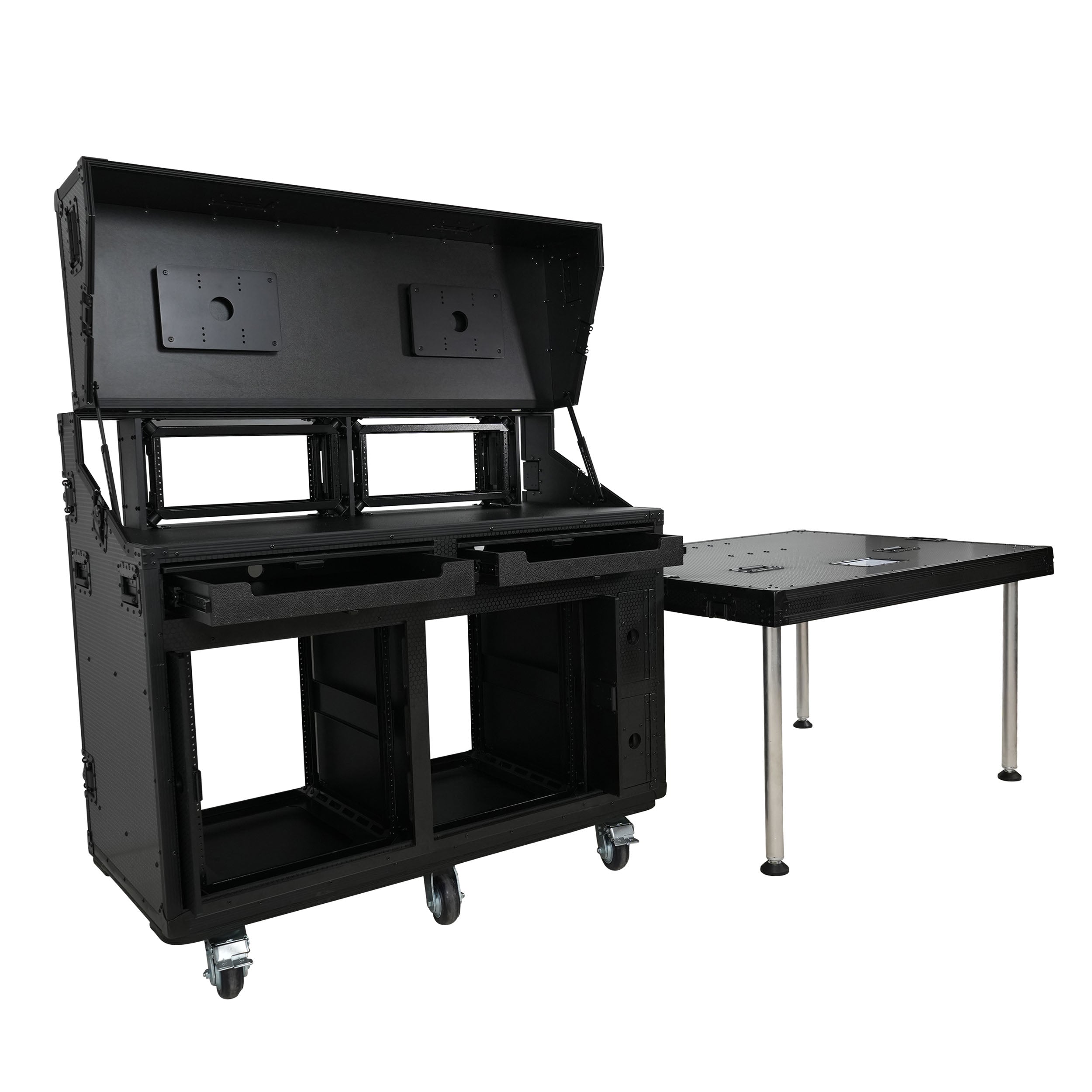 Prado Mobile AV Broadcasting Streaming Recording Studio Workstation Case with 2x 4U Top 2x 12U Bottom Front Slamr Door All Black