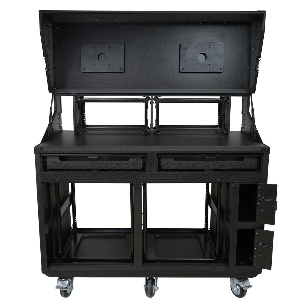 Prado Mobile AV Broadcasting Streaming Recording Studio Workstation Case with 2x 4U Top 2x 12U Bottom Front Slamr Door All Black