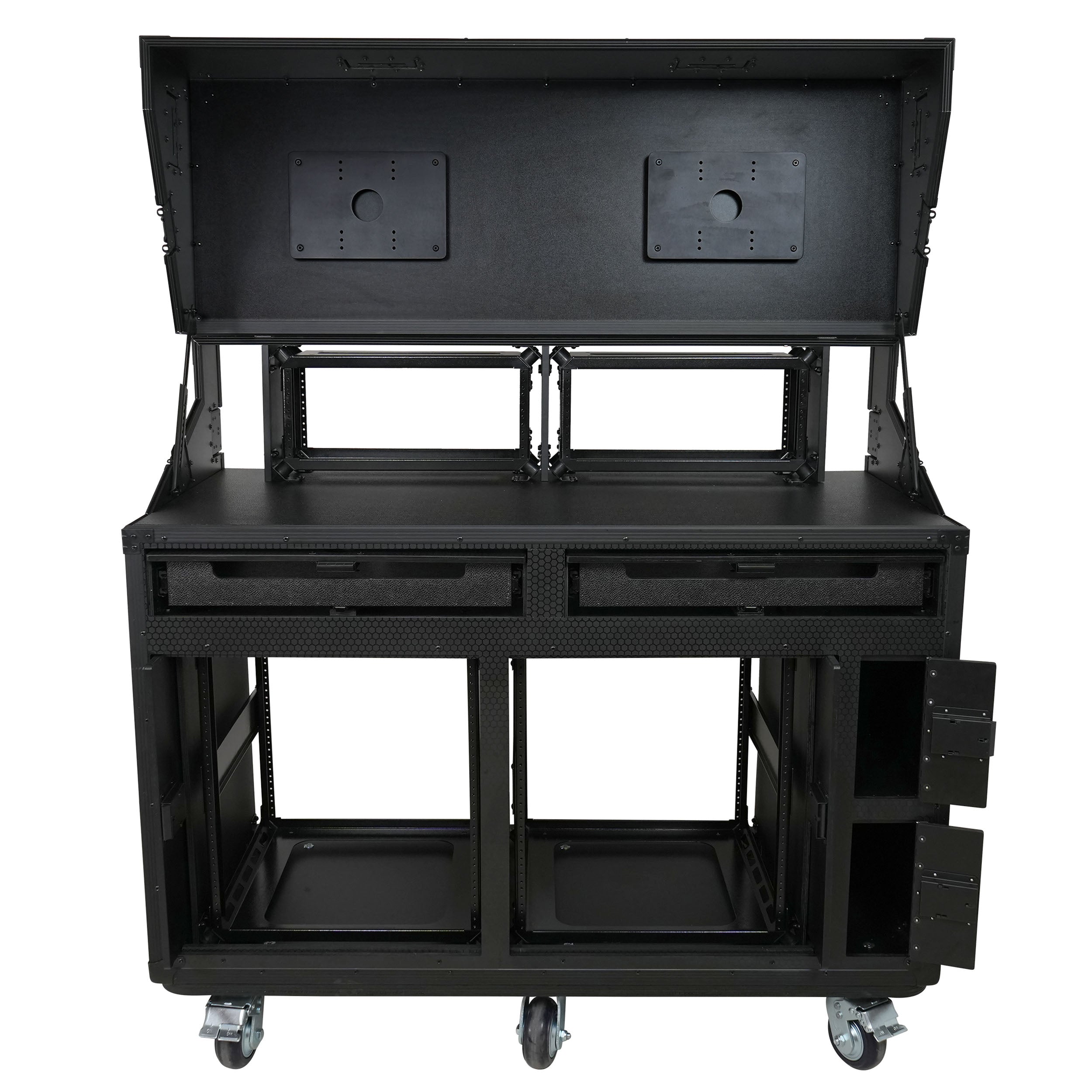 Prado Mobile AV Broadcasting Streaming Recording Studio Workstation Case with 2x 4U Top 2x 12U Bottom Front Slamr Door All Black