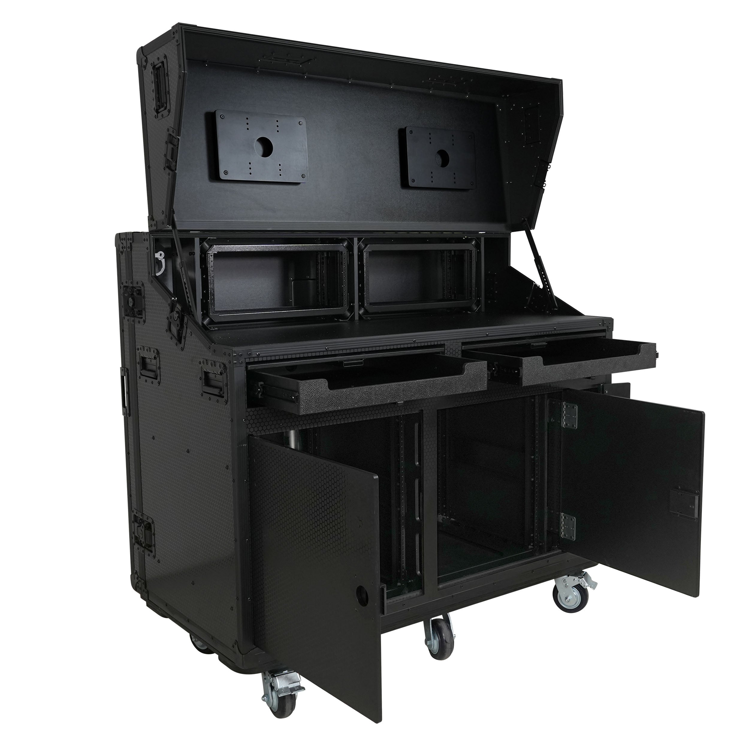 Prado Mobile AV Broadcasting Streaming Recording Studio Workstation Case with 2x 4U Top 2x 12U Bottom Front Slamr Door All Black