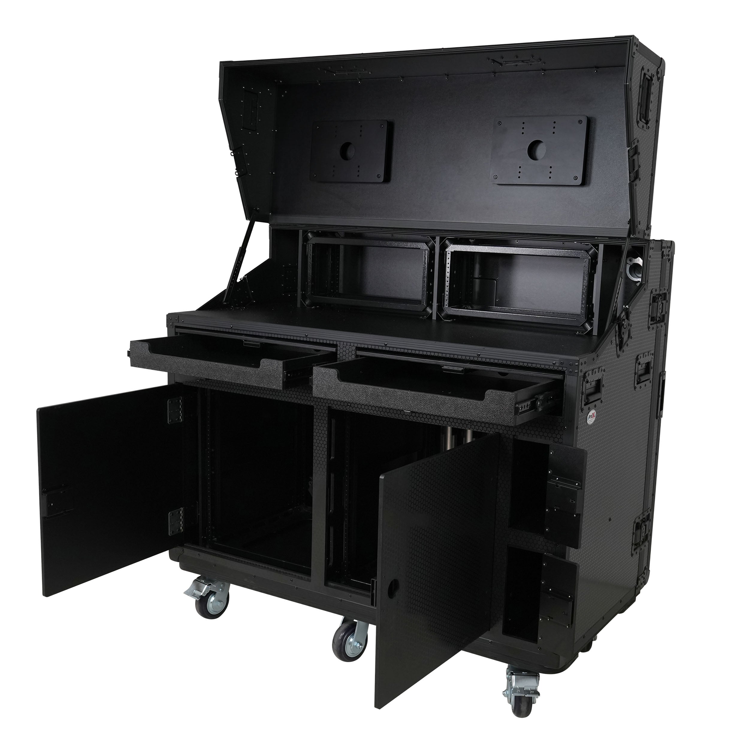 Prado Mobile AV Broadcasting Streaming Recording Studio Workstation Case with 2x 4U Top 2x 12U Bottom Front Slamr Door All Black