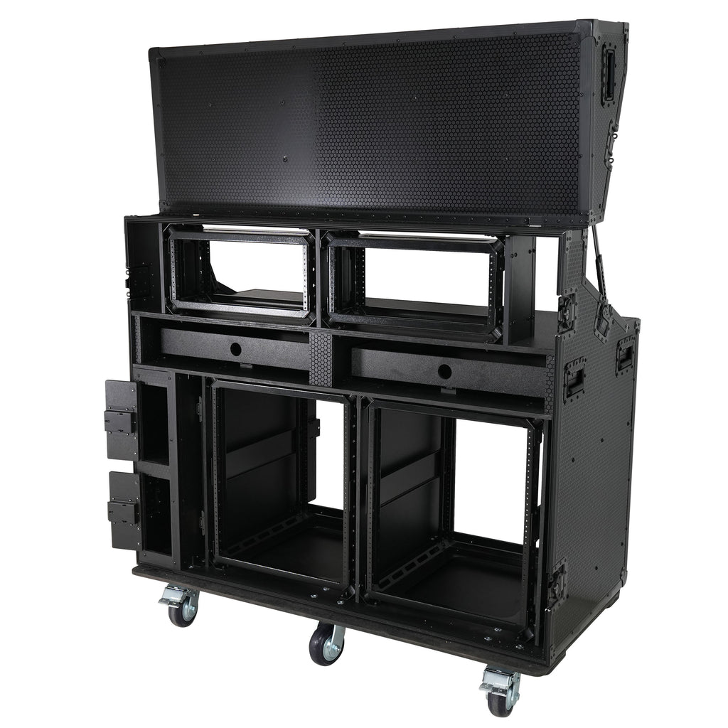 Prado Mobile AV Broadcasting Streaming Recording Studio Workstation Case with 2x 4U Top 2x 12U Bottom Front Slamr Door All Black