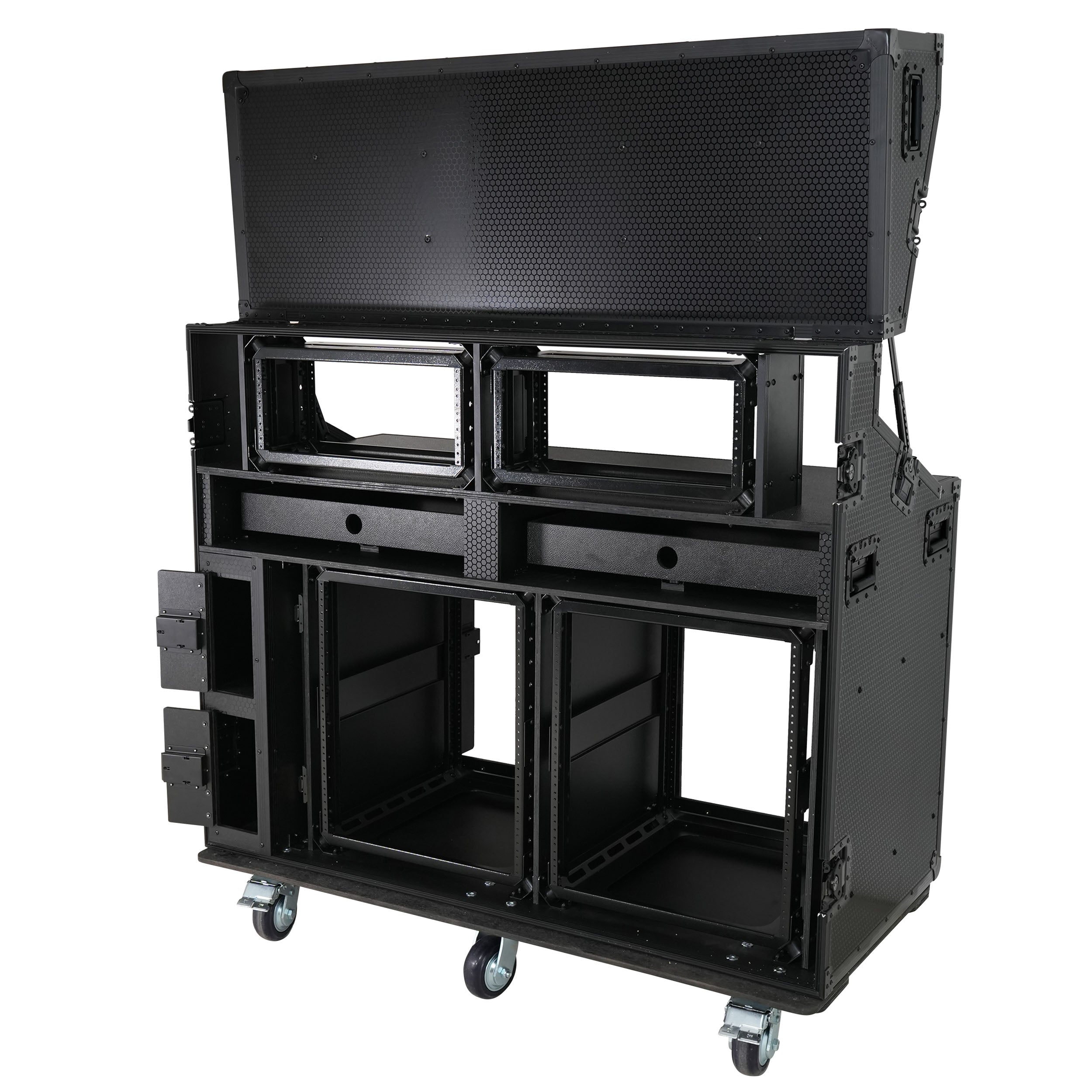 Prado Mobile AV Broadcasting Streaming Recording Studio Workstation Case with 2x 4U Top 2x 12U Bottom Front Slamr Door All Black