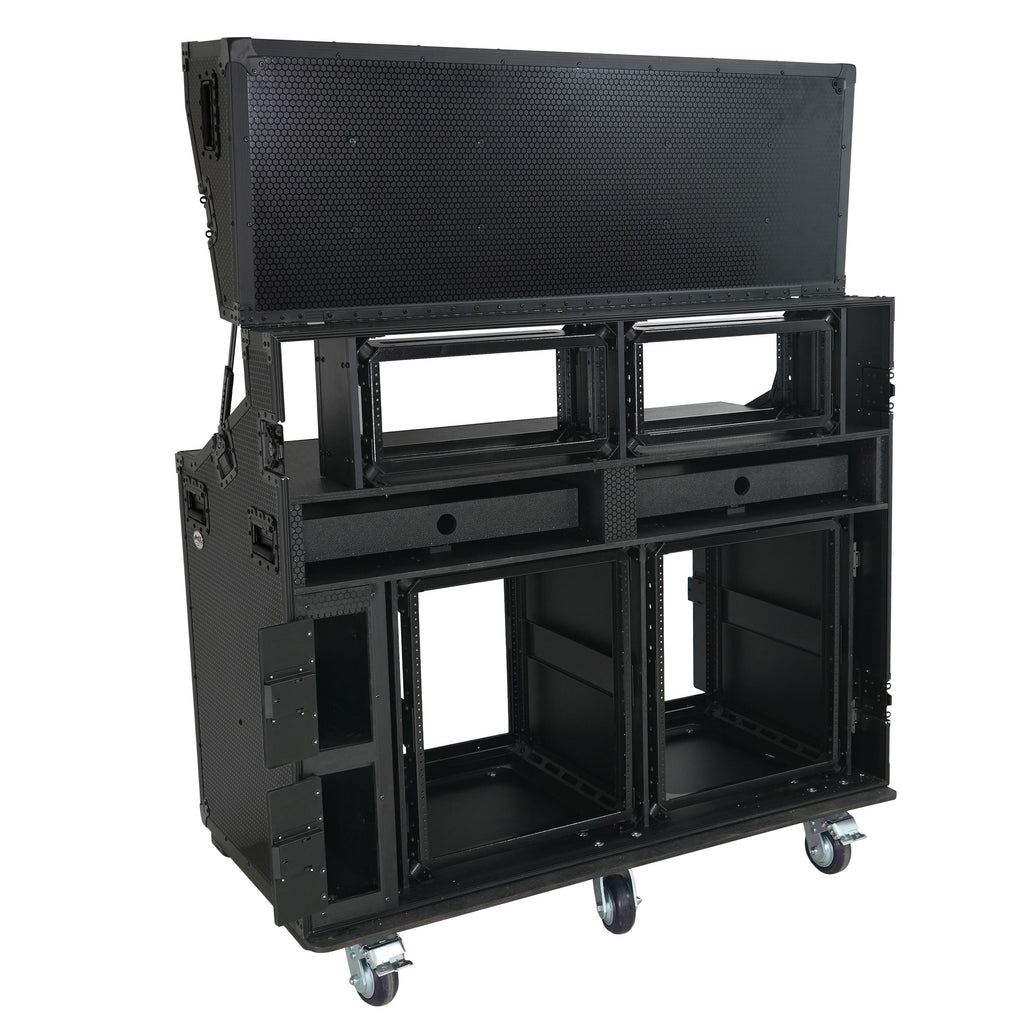 Prado Mobile AV Broadcasting Streaming Recording Studio Workstation Case with 2x 4U Top 2x 12U Bottom Front Slamr Door All Black