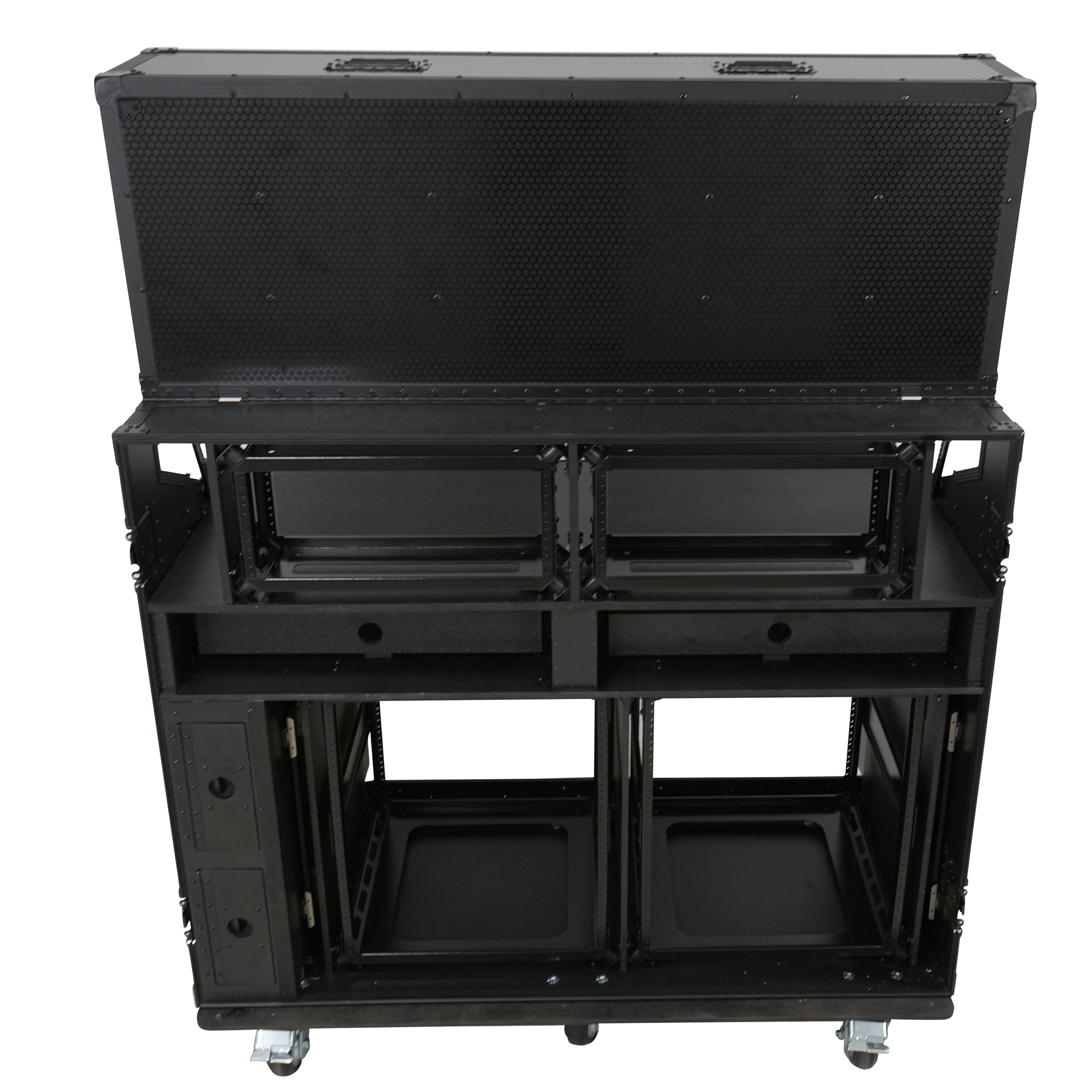 Prado Mobile AV Broadcasting Streaming Recording Studio Workstation Case with 2x 4U Top 2x 12U Bottom Front Slamr Door All Black