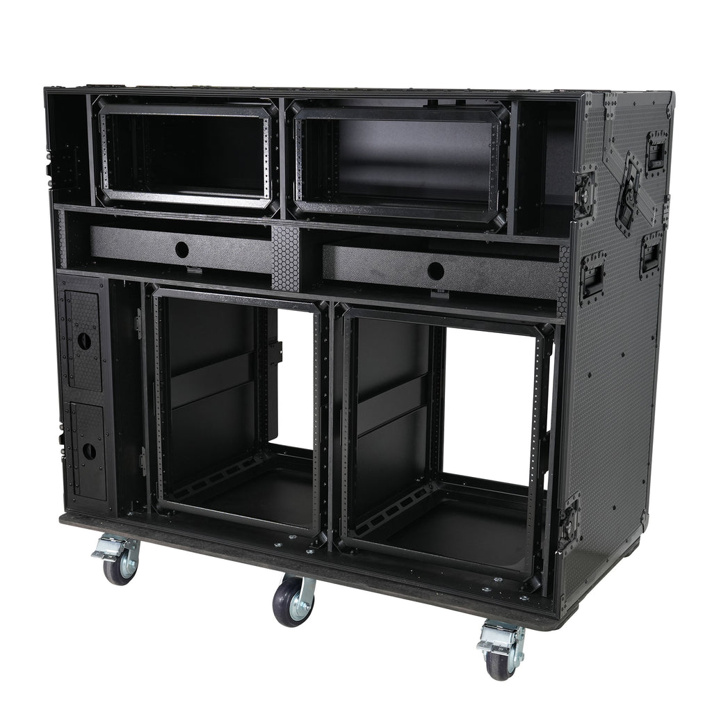 Prado Mobile AV Broadcasting Streaming Recording Studio Workstation Case with 2x 4U Top 2x 12U Bottom Front Slamr Door All Black