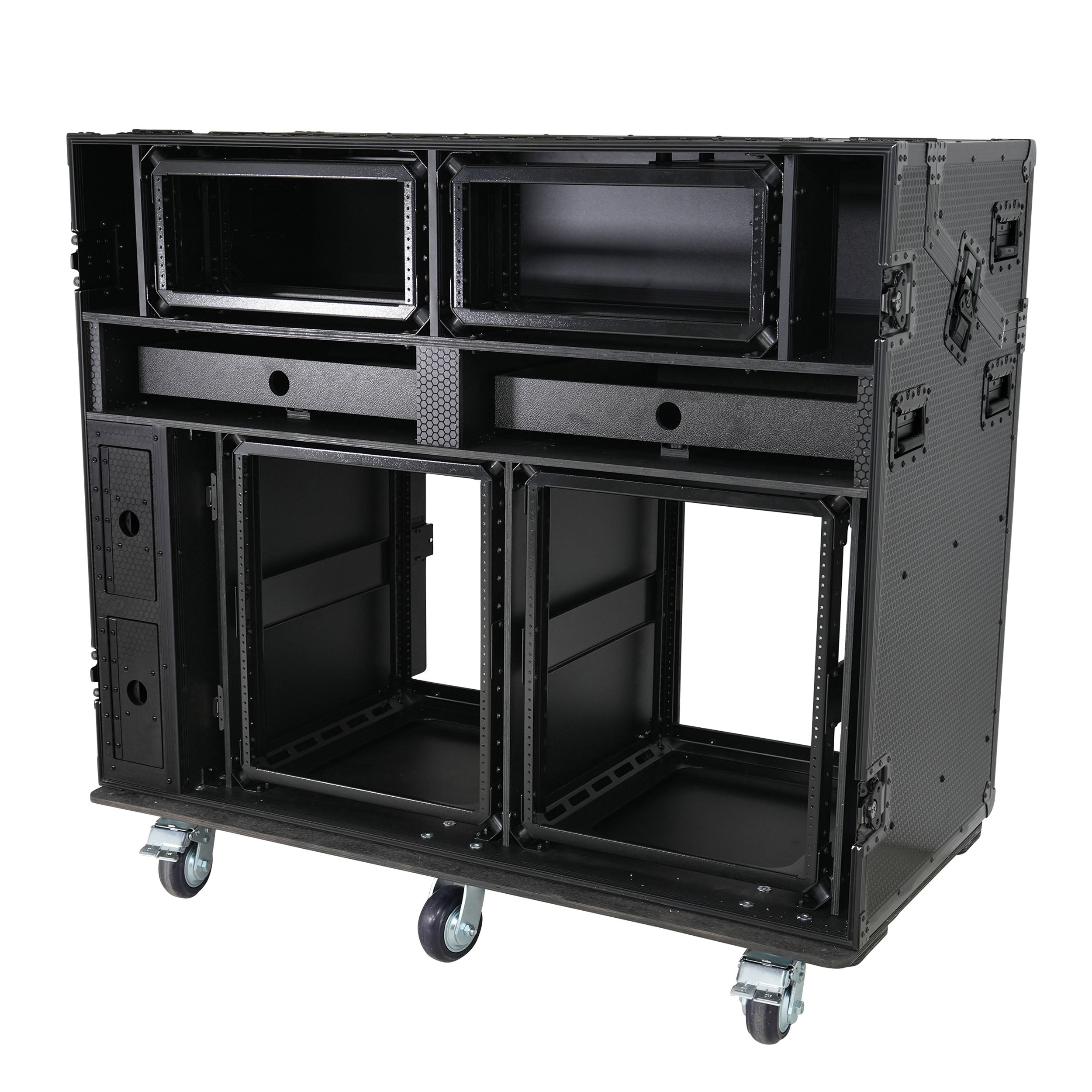 Prado Mobile AV Broadcasting Streaming Recording Studio Workstation Case with 2x 4U Top 2x 12U Bottom Front Slamr Door All Black