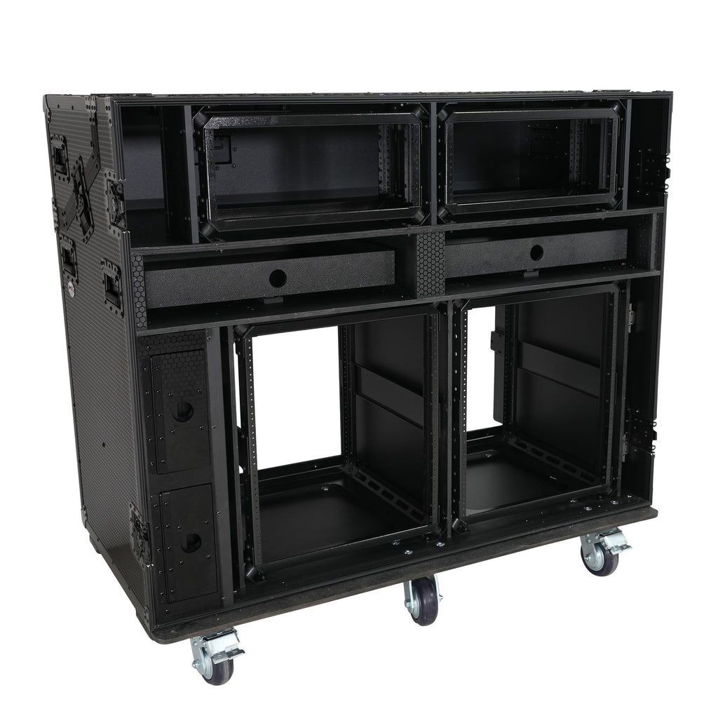 Prado Mobile AV Broadcasting Streaming Recording Studio Workstation Case with 2x 4U Top 2x 12U Bottom Front Slamr Door All Black