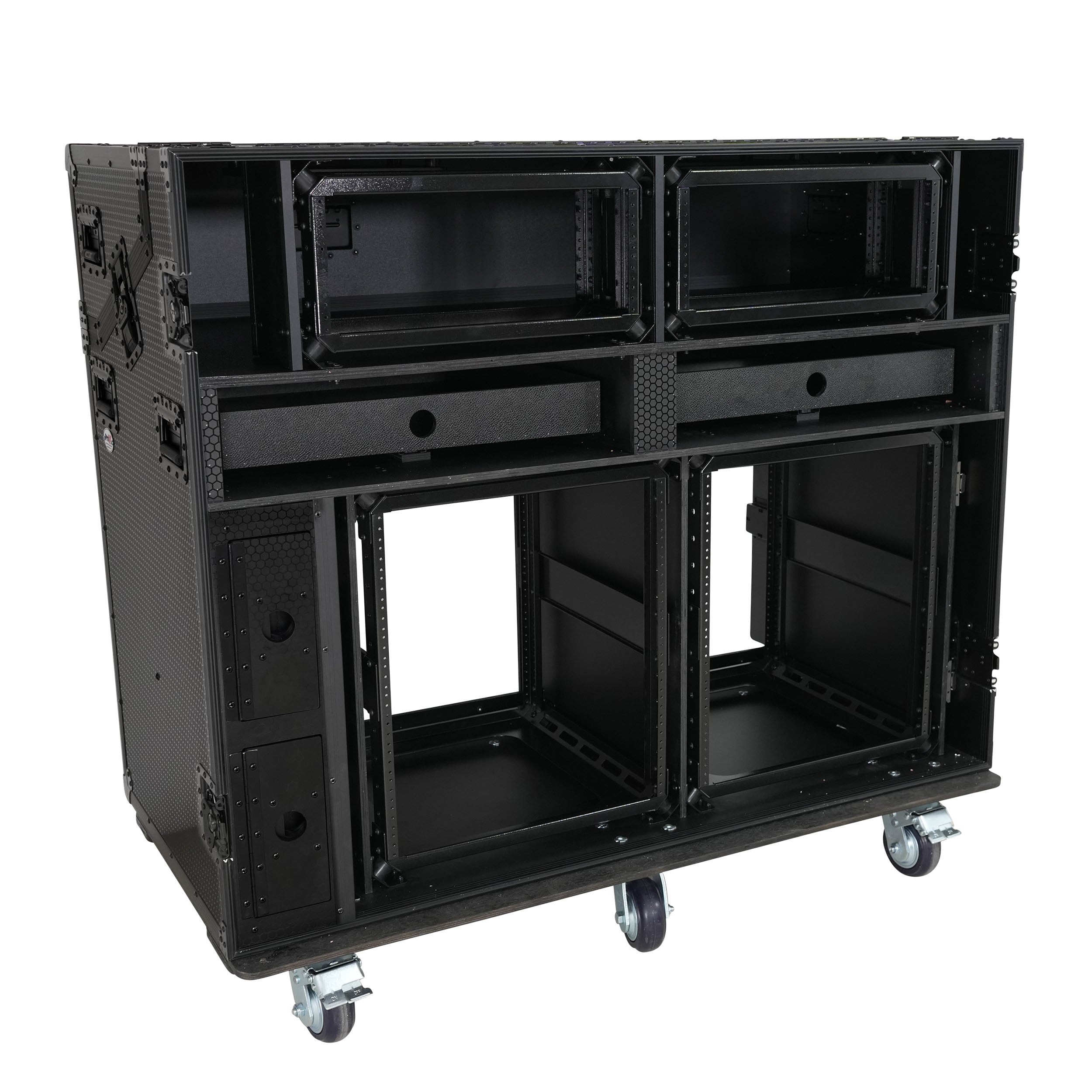 Prado Mobile AV Broadcasting Streaming Recording Studio Workstation Case with 2x 4U Top 2x 12U Bottom Front Slamr Door All Black
