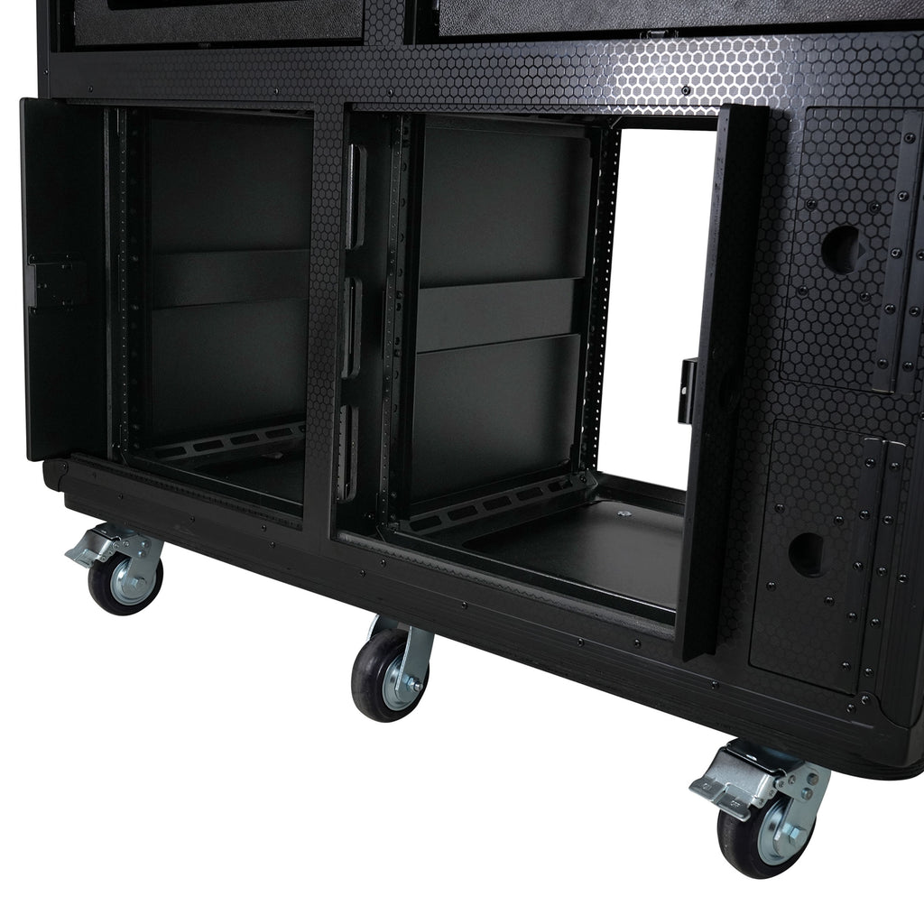 Prado Mobile AV Broadcasting Streaming Recording Studio Workstation Case with 2x 4U Top 2x 12U Bottom Front Slamr Door All Black