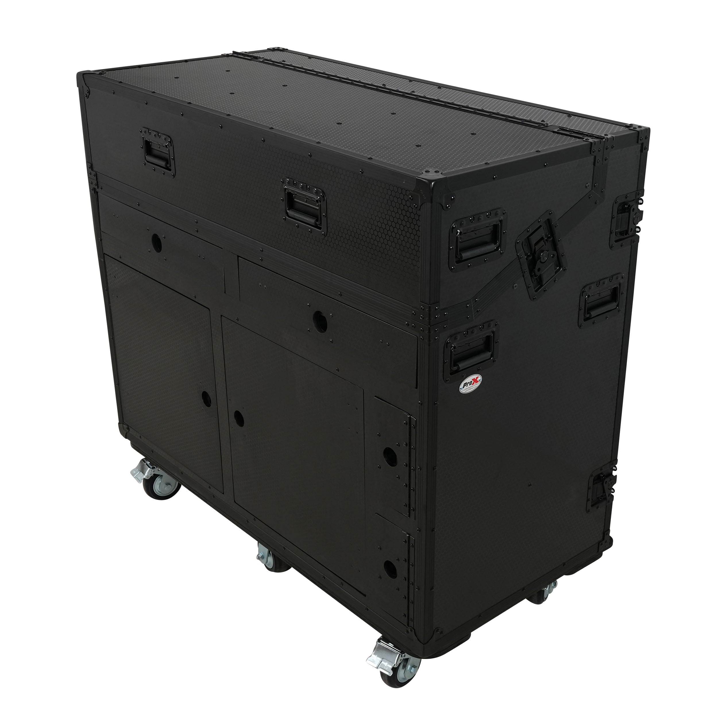 Prado Mobile AV Broadcasting Streaming Recording Studio Workstation Case with 2x 4U Top 2x 12U Bottom Front Slamr Door All Black