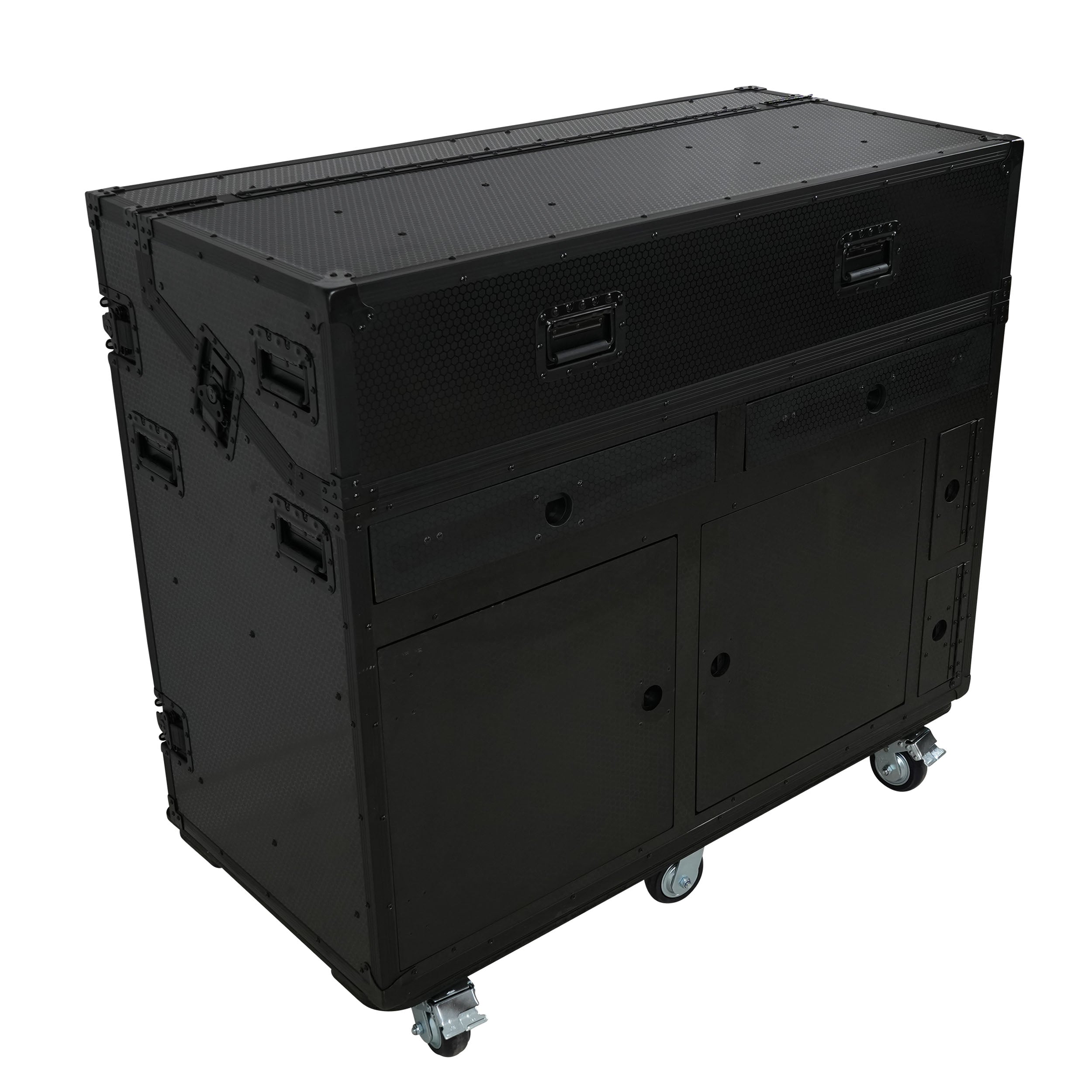 Prado Mobile AV Broadcasting Streaming Recording Studio Workstation Case with 2x 4U Top 2x 12U Bottom Front Slamr Door All Black