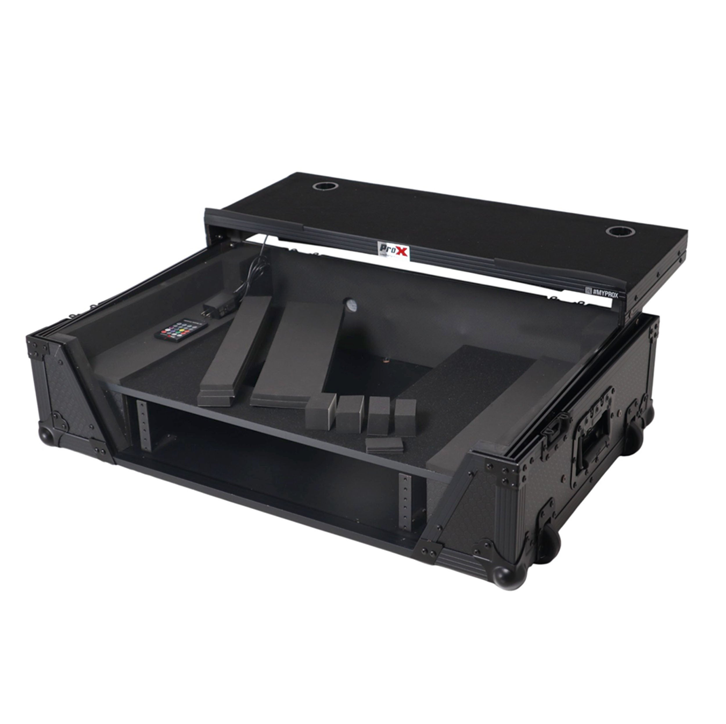 2U Flight Road Case For Pioneer DDJ-FLX10 REV5 REV7 DJ Controller with Laptop Shelf Wheels LED Black Finish
